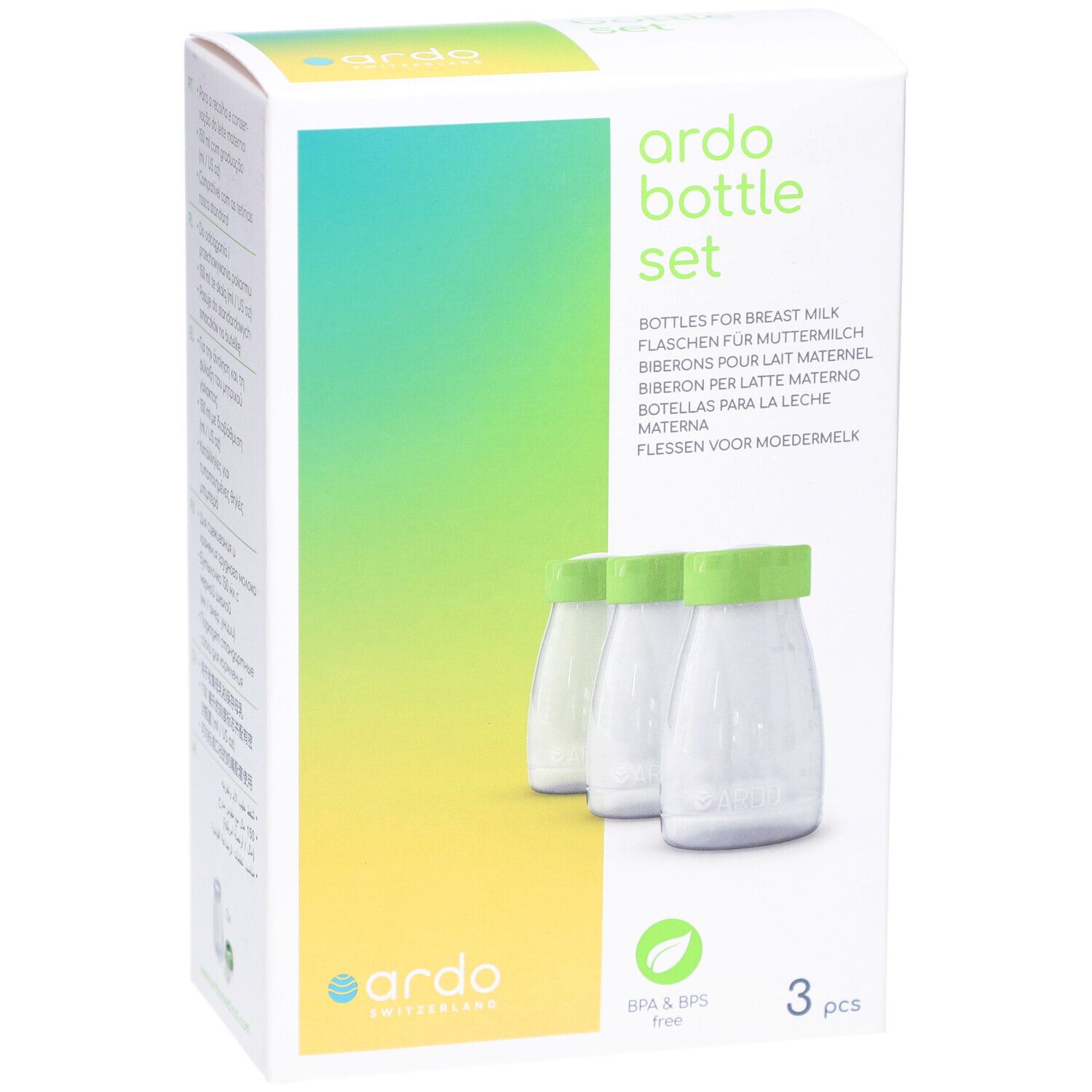 Boîte de 3 biberons. Inscription: ardo bottle set. Biberons pour lait maternel. Sans BPA & BPS.