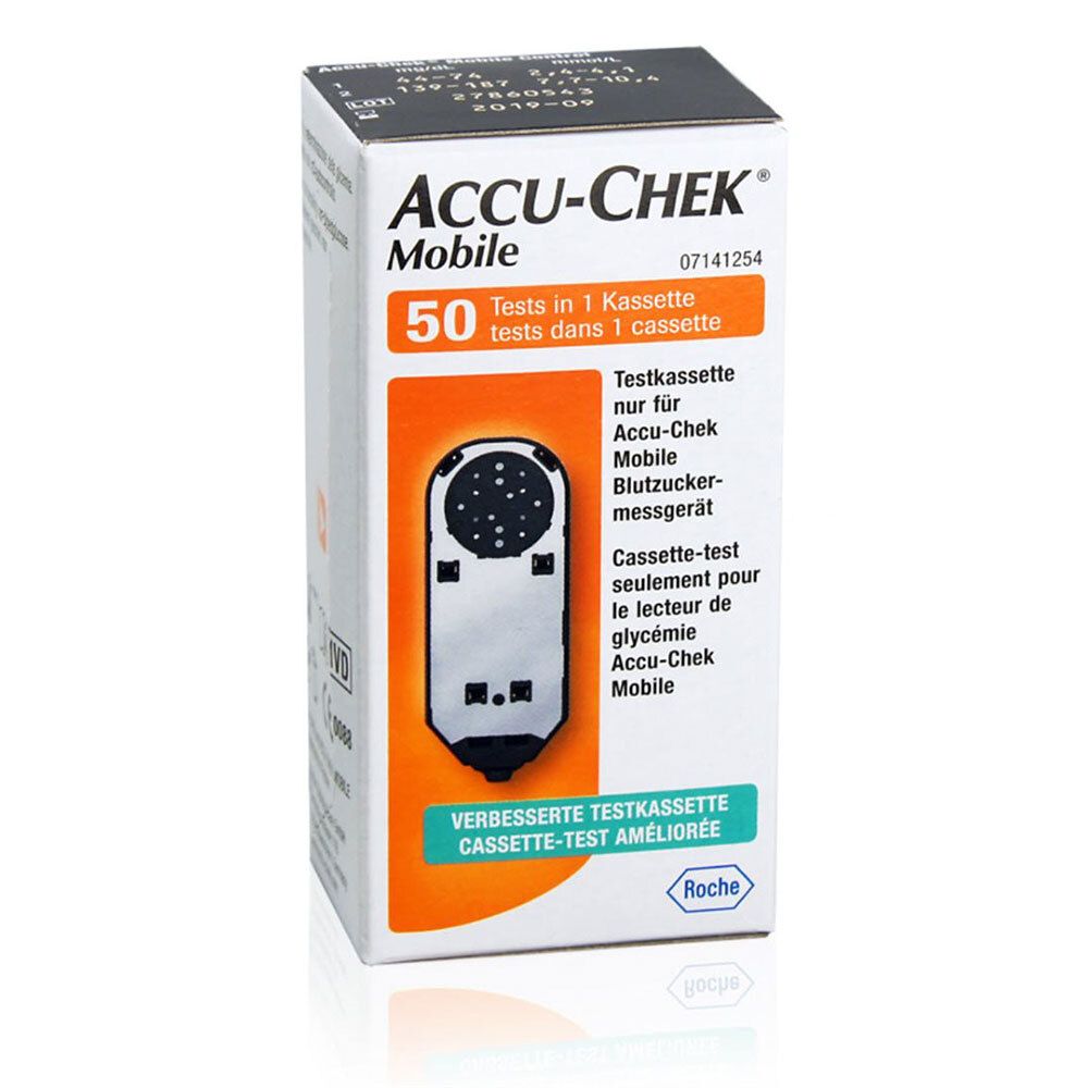 Cassette de tests ACCU-CHEK Mobile. Contient 50 tests. Emballage blanc avec image du produit et nom de la marque.