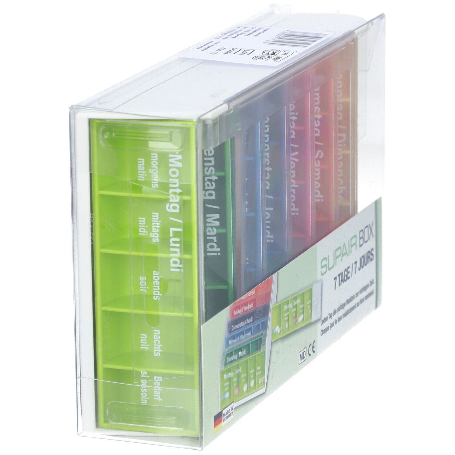 SUPAIRBOX Semainier Rainbow. Distributeur de comprimés avec compartiments colorés. Compartiment unique avec indication du jour et de l'heure. Emballé.