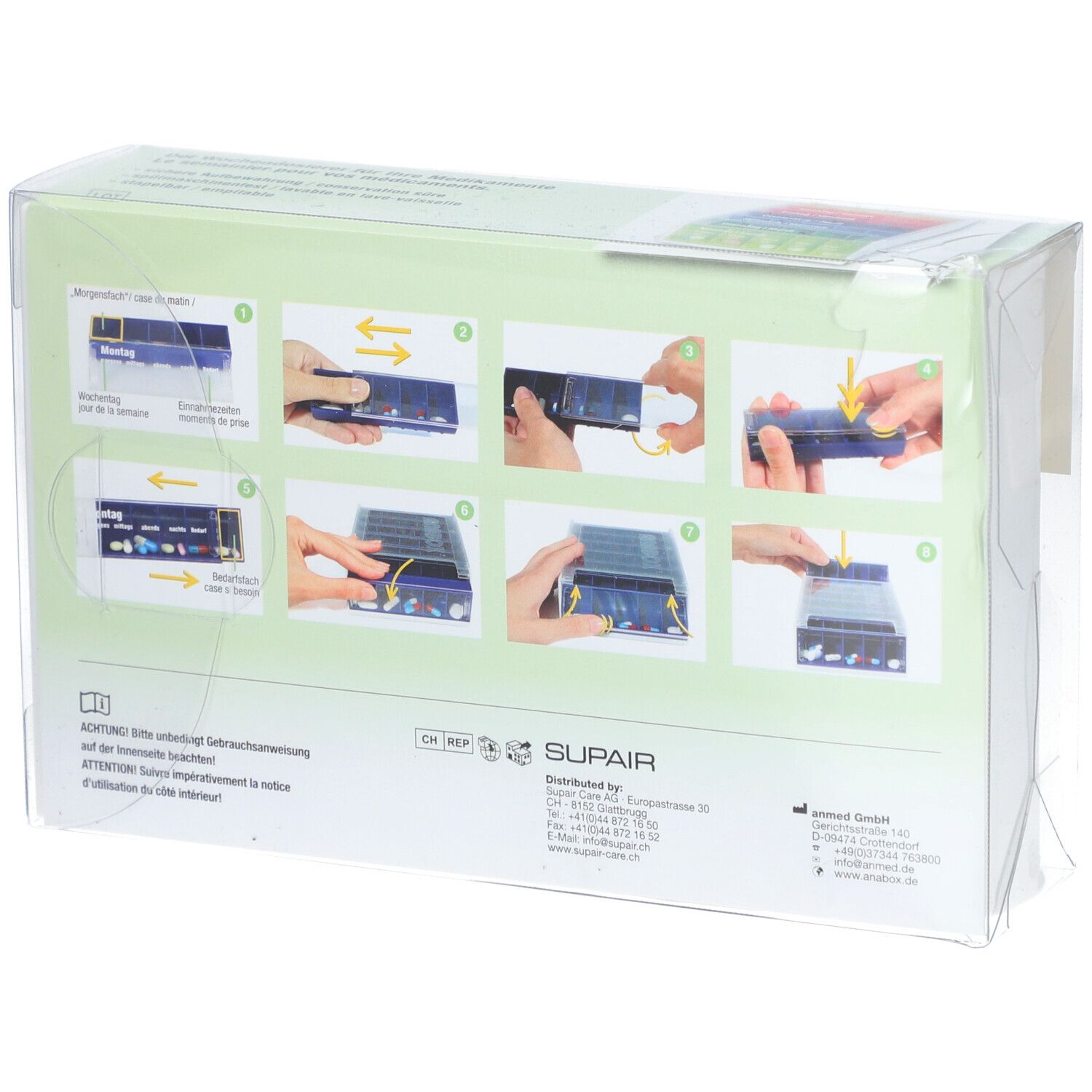 Dos de l'emballage. Instructions illustrées pour l'utilisation de la SUPAIRBOX. Avec texte en allemand et en français.