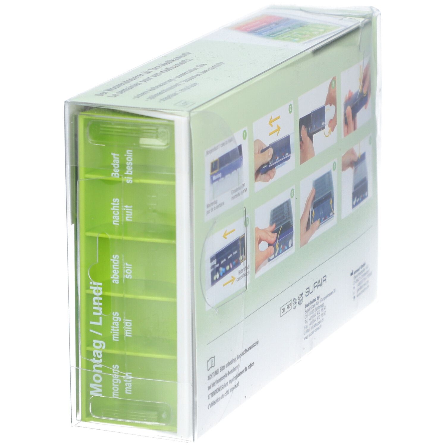 SUPAIRBOX Semainier Rainbow. Distributeur de comprimés avec compartiments colorés. Compartiment unique avec indication du jour et de l'heure. Emballé.