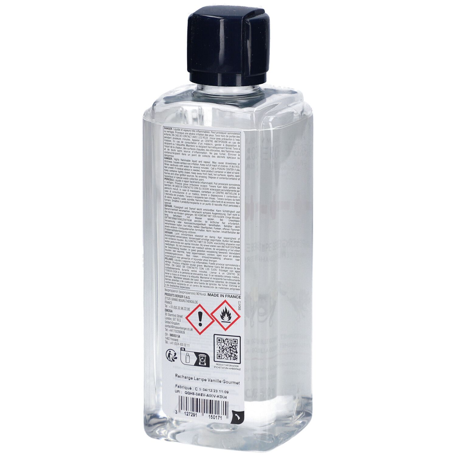 Flacon transparent avec bouchon noir. Dos avec texte et symboles de danger. Lampe Berger Vanille Gourmet.