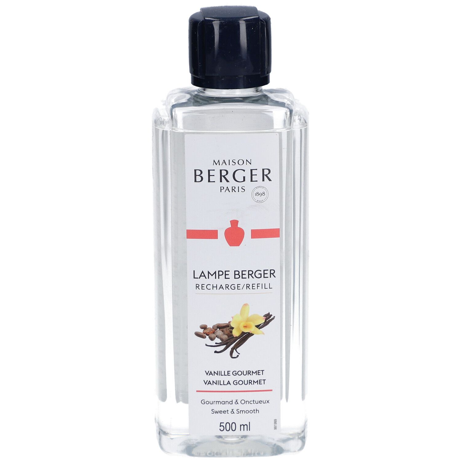 Flacon transparent avec bouchon noir. Inscription: Maison Berger Paris, Lampe Berger, Vanille Gourmet. 500 ml.