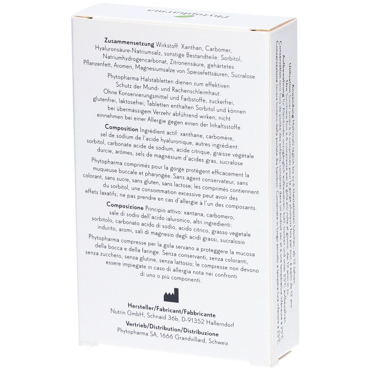 Boîte blanche, dos. Texte en allemand, français et italien. Ingrédients et informations fabricant.