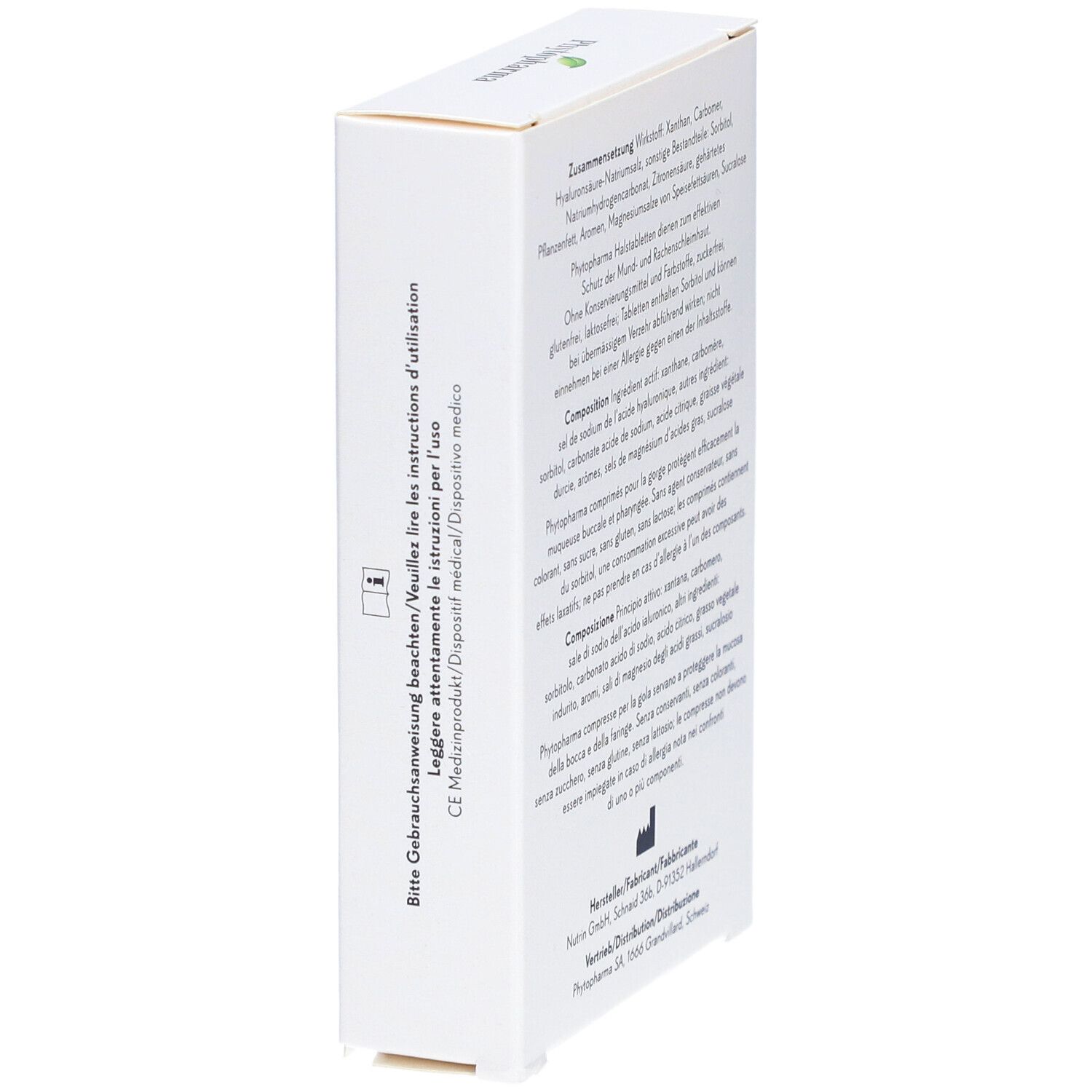 Boîte blanche, vue latérale. Texte en allemand, français et italien. Mode d'emploi.