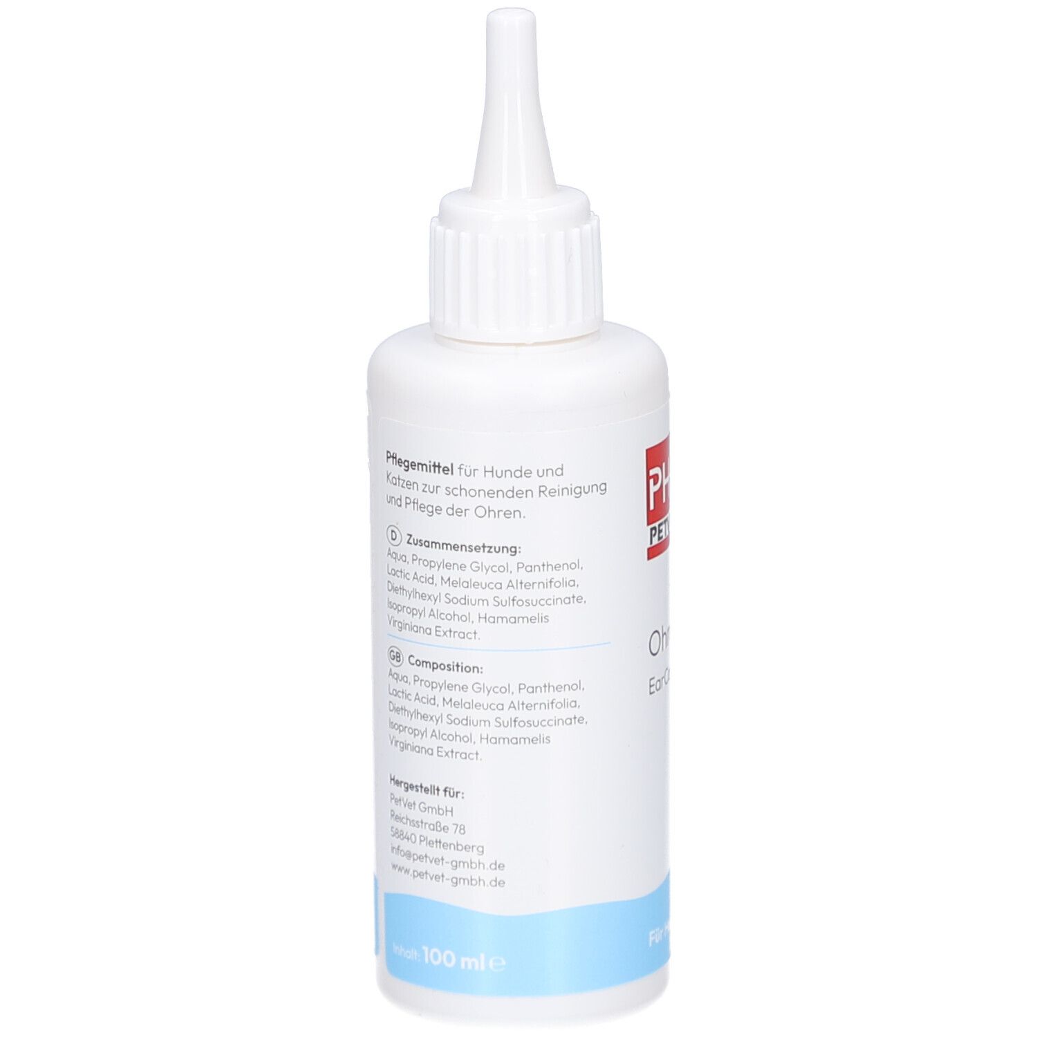 Flacon blanc avec applicateur pointu. Texte: PHA PetVet, OhrenPflege. Ingrédients et instructions d'utilisation.