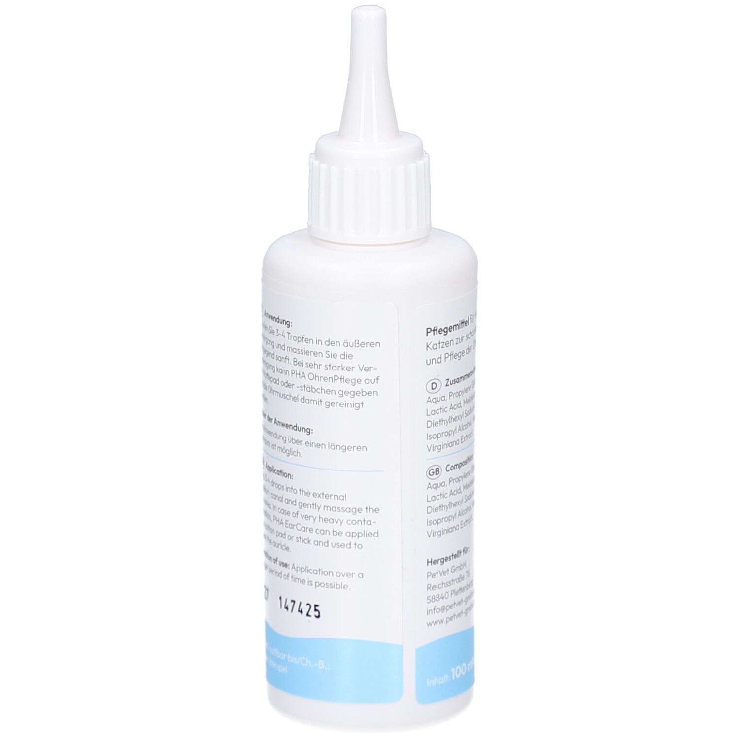 Flacon blanc avec applicateur pointu. Texte: Instructions d'utilisation. Application goutte à goutte. Durée de conservation.