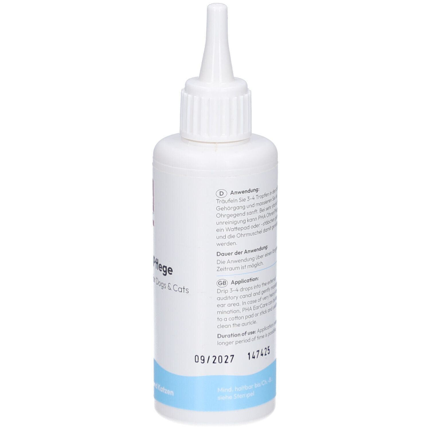 Flacon blanc avec applicateur pointu. Texte: Instructions d'utilisation. Application goutte à goutte. Durée de conservation.