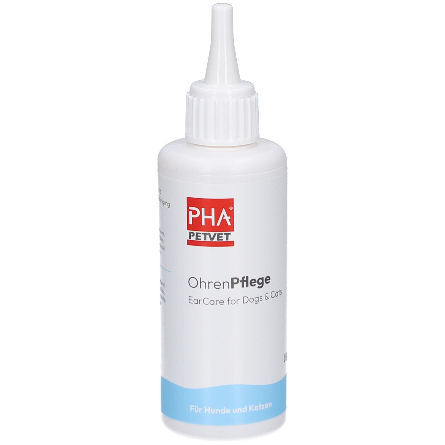 Flacon blanc avec applicateur pointu. Texte: PHA PETVET, OhrenPflege, EarCare for Dogs & Cats.