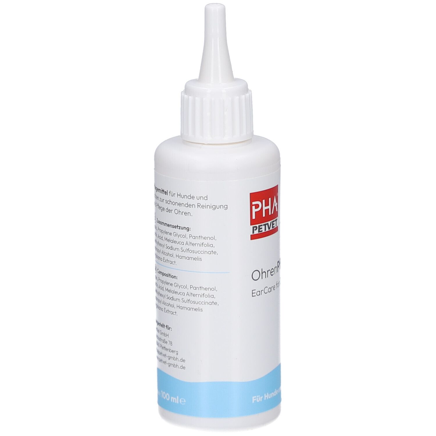 Flacon blanc avec applicateur pointu. Texte: PHA PetVet, OhrenPflege. Ingrédients et instructions d'utilisation.