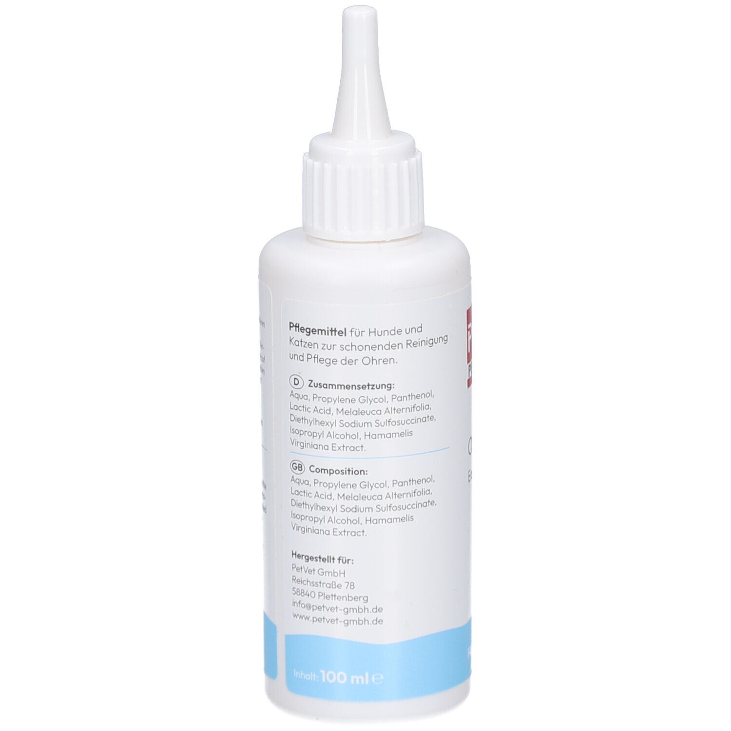 Flacon blanc avec applicateur pointu. Texte: PHA PetVet, OhrenPflege. Ingrédients et instructions d'utilisation.