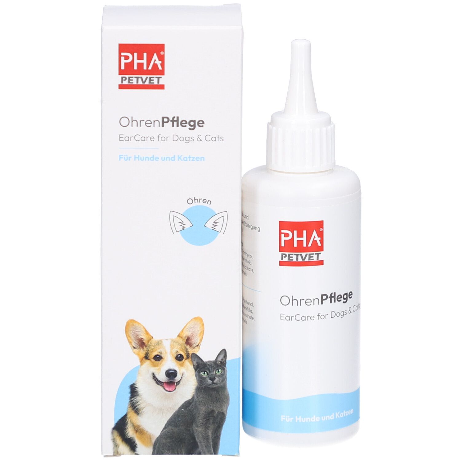 Produit et emballage. Flacon blanc avec applicateur pointu et boîte. Texte: PHA PetVet, OhrenPflege.