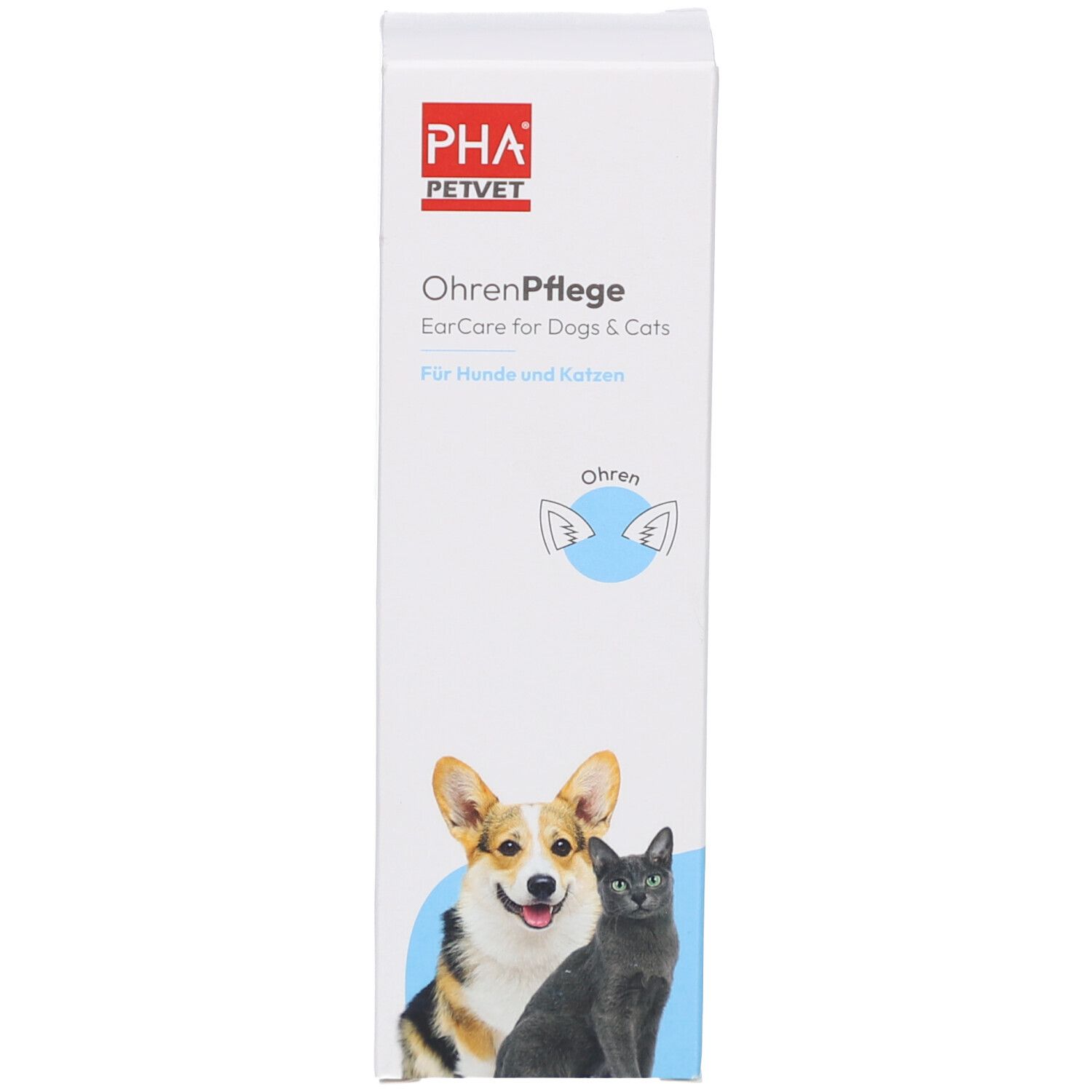 Emballage du produit. Boîte avec image du produit. Texte: PHA PetVet, OhrenPflege, EarCare for Dogs & Cats.