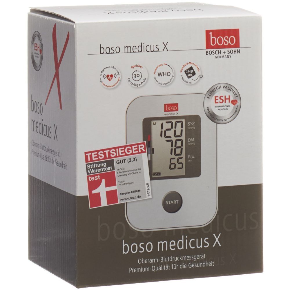 Tensiomètre boso medicus X en boîte. Affichage des mesures. Label Stiftung Warentest.