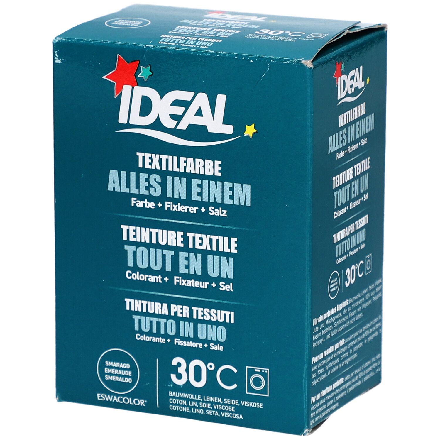 Boîte turquoise avec informations produit. Logo IDEAL, teinture textile, symbole 30°C. Désignations multilingues.