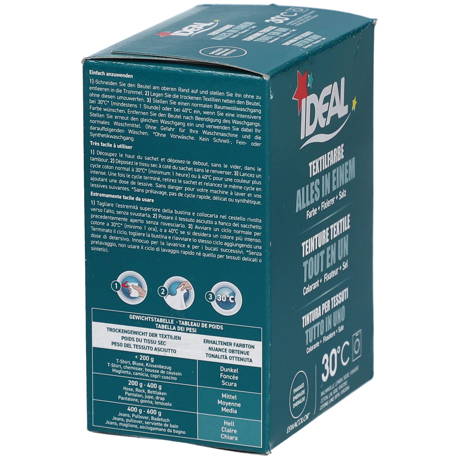 Boîte avec informations produit. Logo IDEAL, teinture textile, symbole 30°C. Dos avec instructions et tableaux.