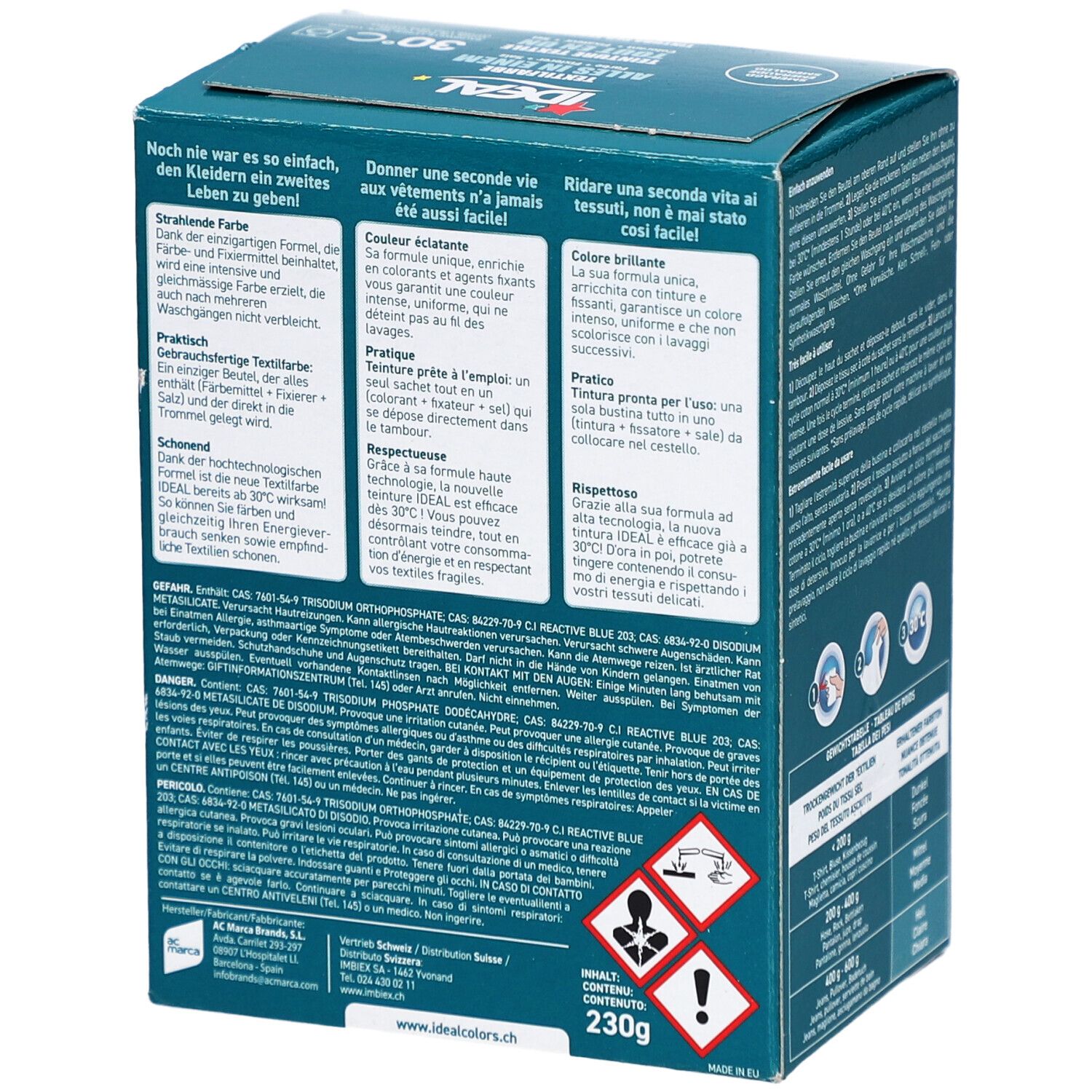 Boîte avec informations produit. Logo IDEAL, teinture textile, symbole 30°C. Dos avec avertissements et ingrédients.