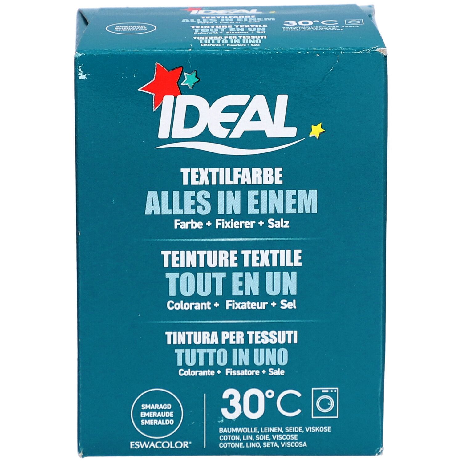 Boîte turquoise avec informations produit. Logo IDEAL, teinture textile, symbole 30°C. Désignations multilingues.