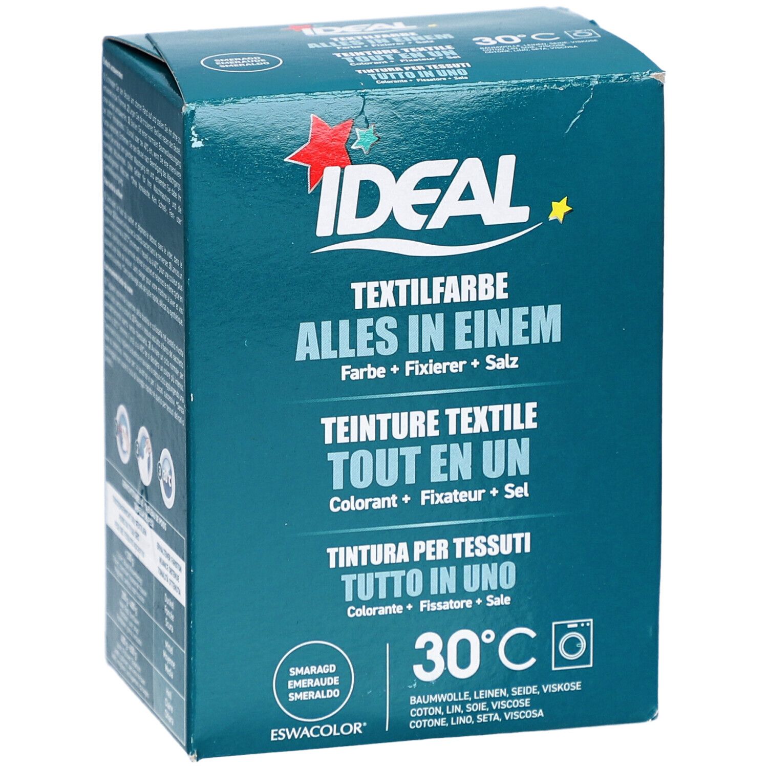 Boîte turquoise avec informations produit. Logo IDEAL, teinture textile, symbole 30°C. Désignations multilingues.