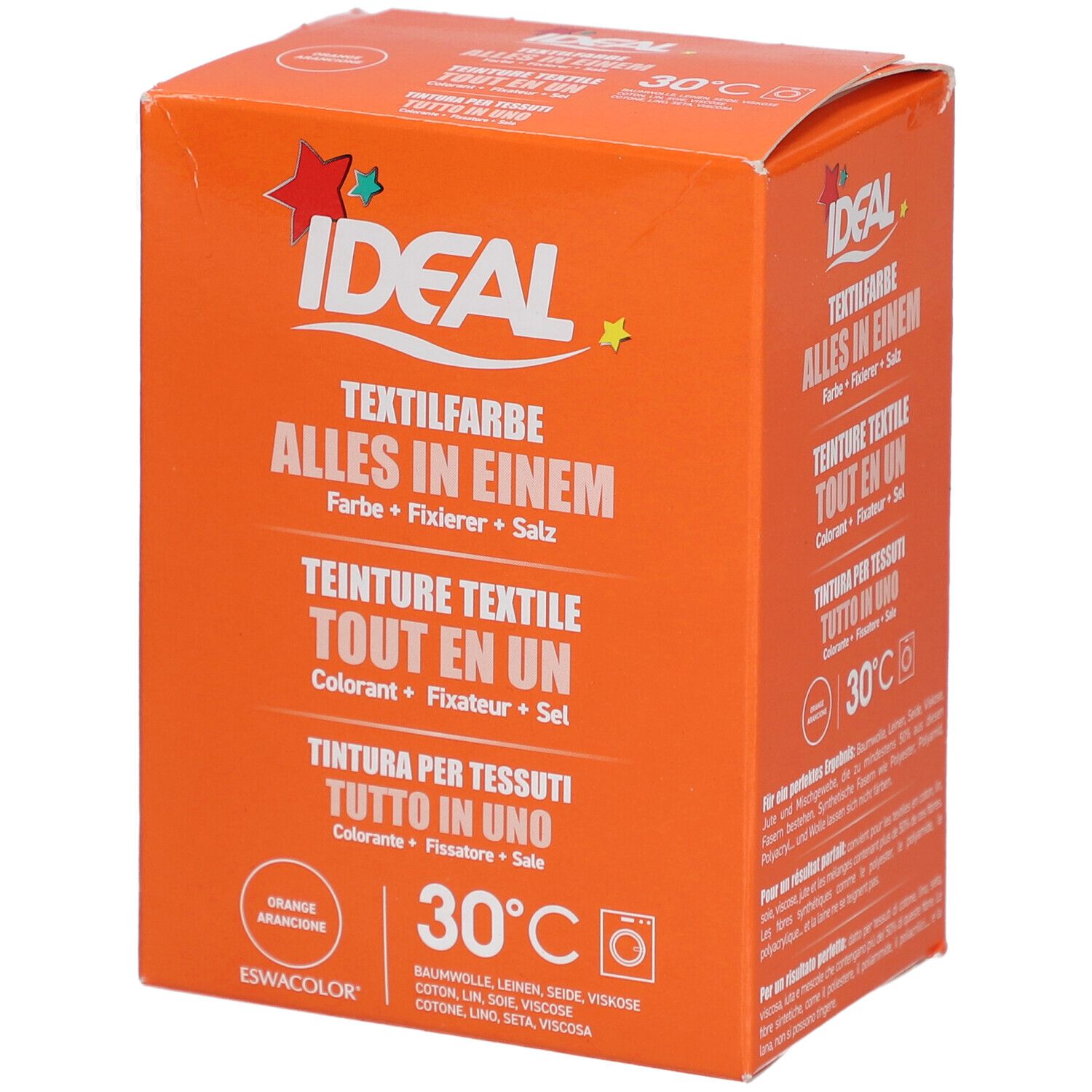 Boîte orange Ideal Textilfarbe. Inscriptions en allemand, français, italien. Symbole de machine à laver.