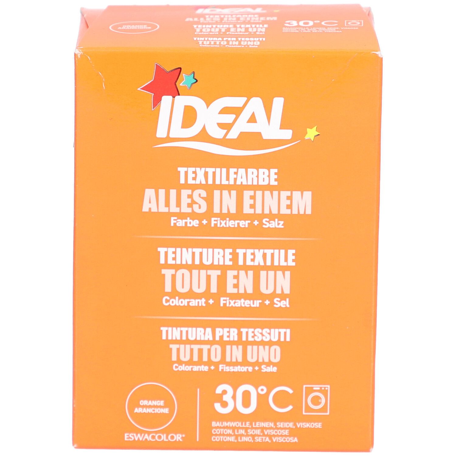 Boîte orange Ideal Textilfarbe. Inscriptions en allemand, français, italien. Symbole de machine à laver et 30°C.