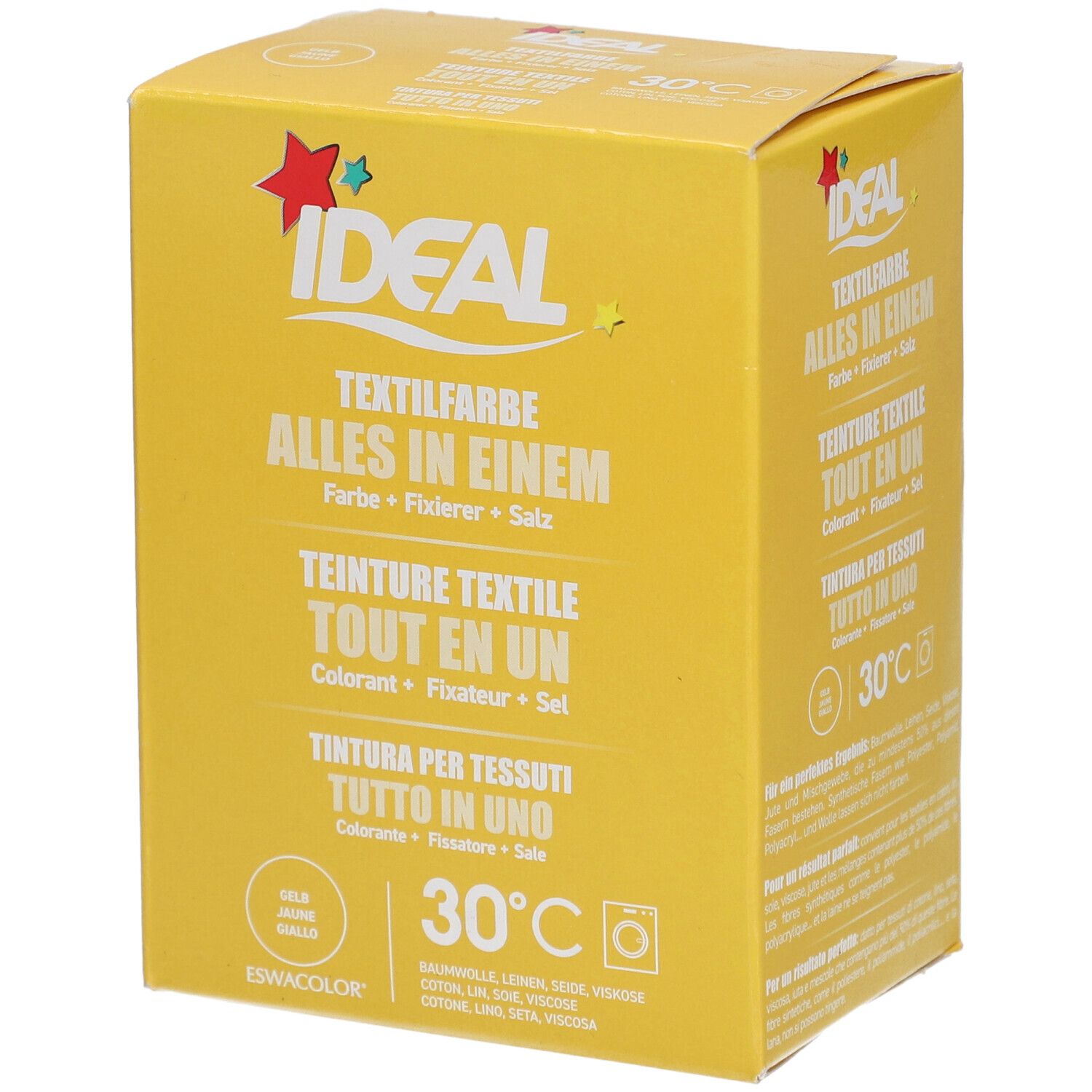 Boîte jaune avec nom du produit et informations sur la teinture textile. Logo Ideal et symbole 30°C.