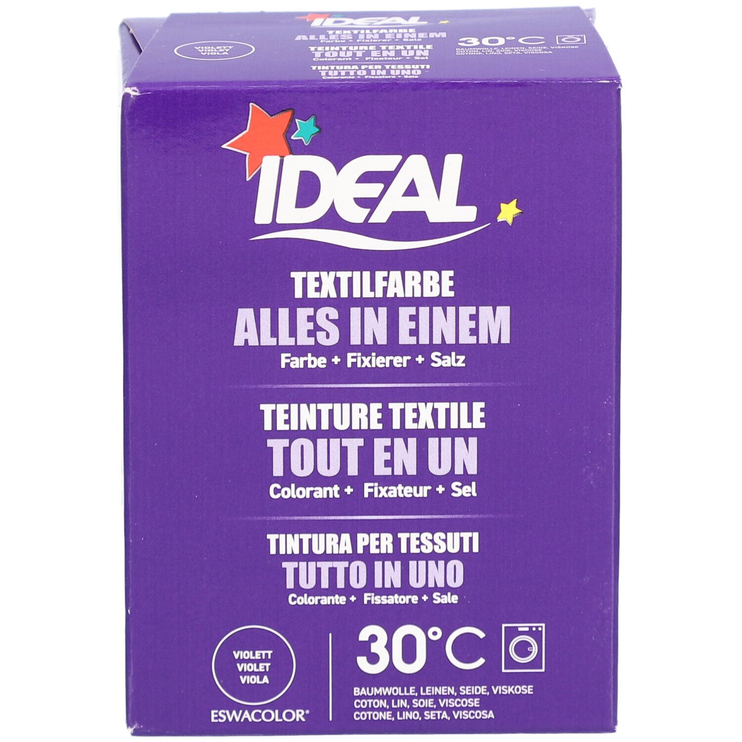 Boîte de teinture textile violette. Logo "IDEAL". "Teinture textile tout en un". Symbole 30°C. Contient colorant, fixateur, sel.