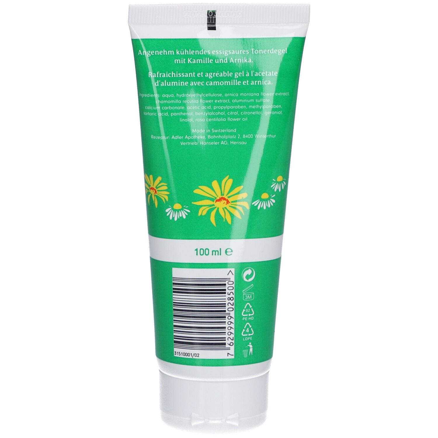 Dos du tube vert. Texte en allemand, français, italien et néerlandais. Code-barres et croix suisse.