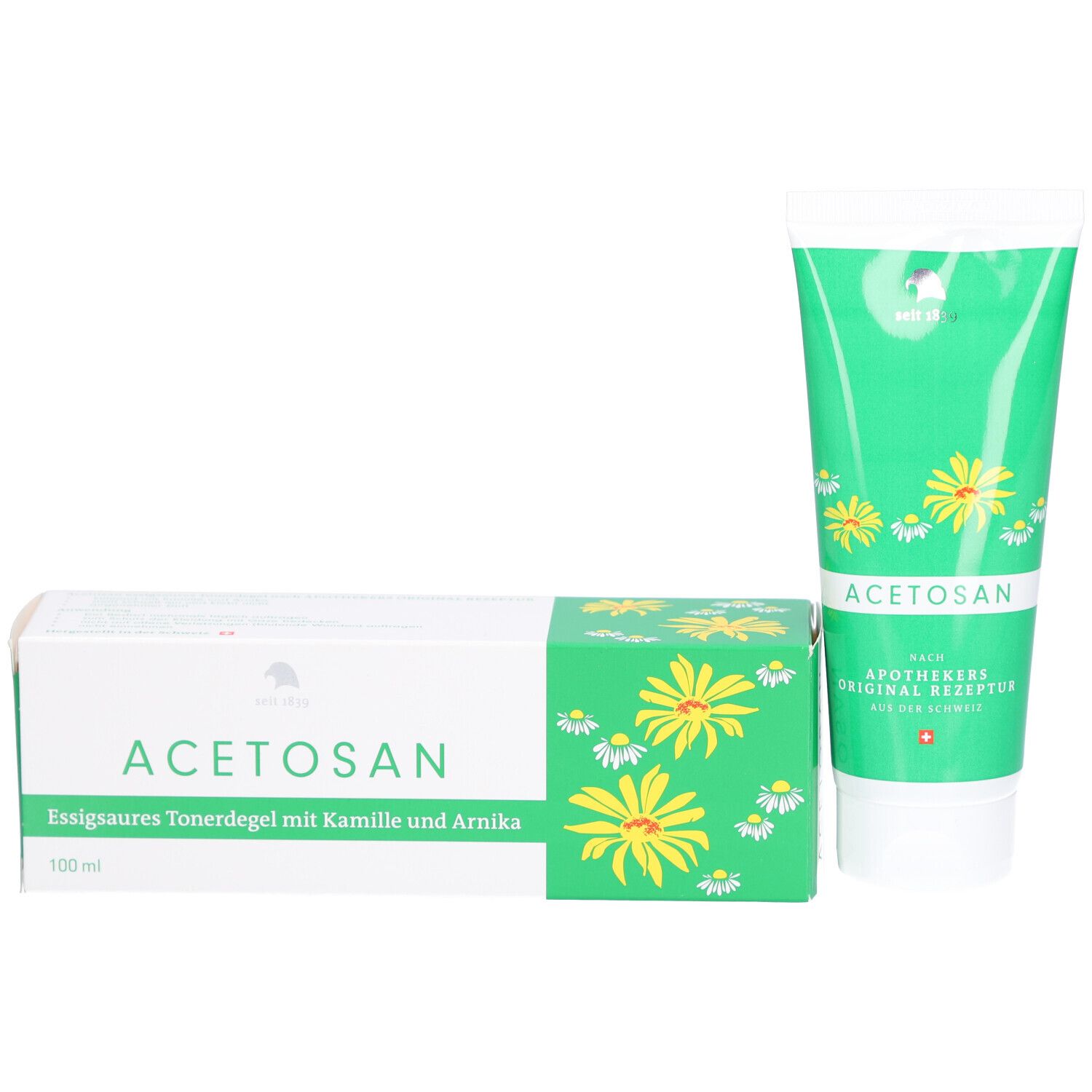 Emballage du produit avec tube et deux boîtes. Inscription: Acetosan, camomille et arnica. Croix suisse.