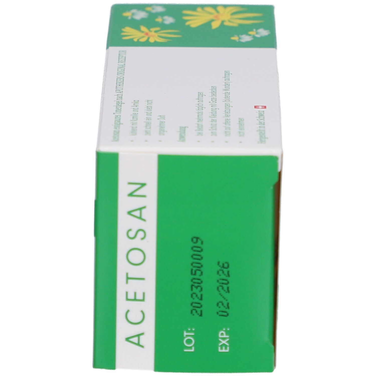 Boîte, verte avec bande blanche. Inscription: Acetosan. Numéro de lot et date d'expiration.