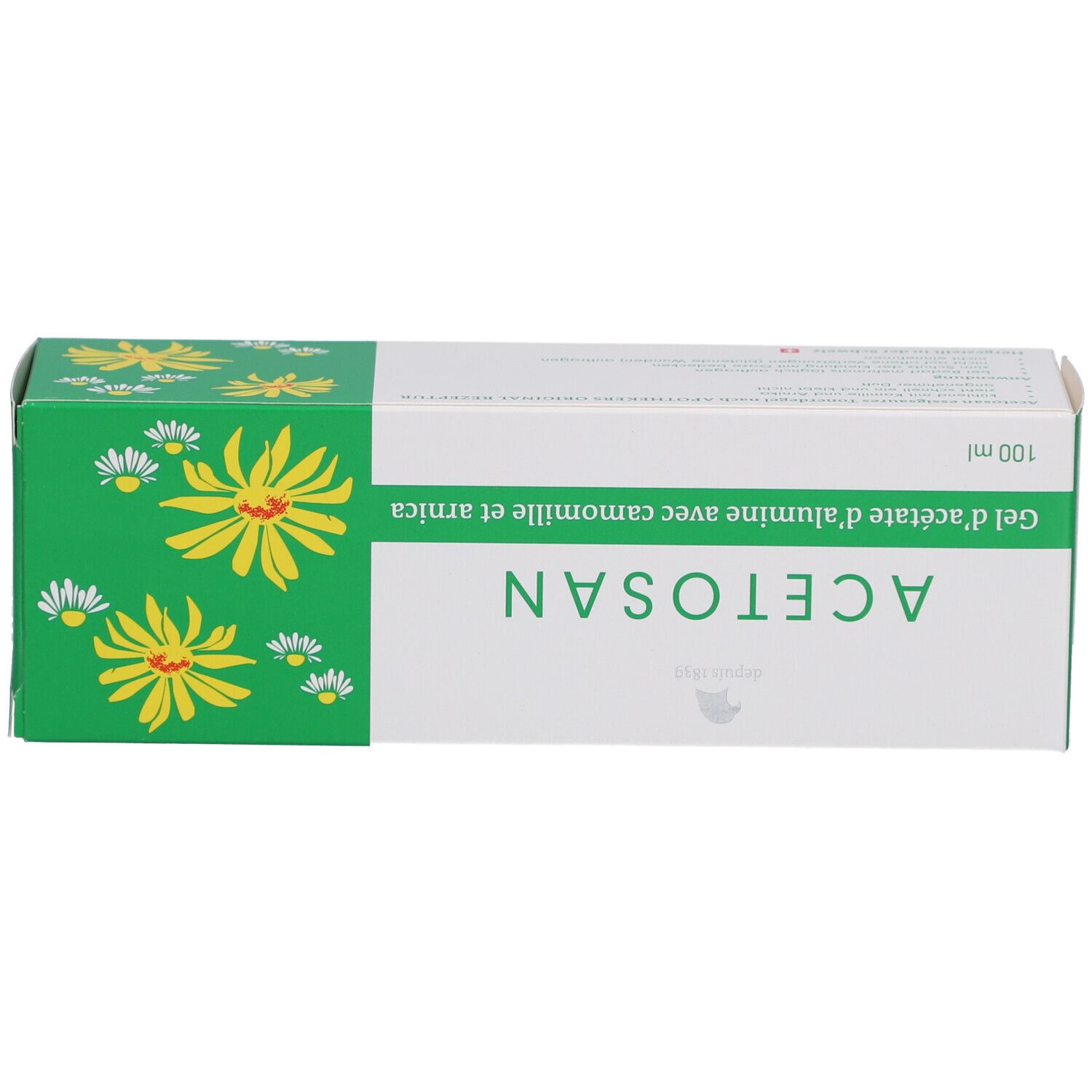 Boîte, verte avec bande blanche. Inscription: Acetosan, camomille et arnica. 100 ml.