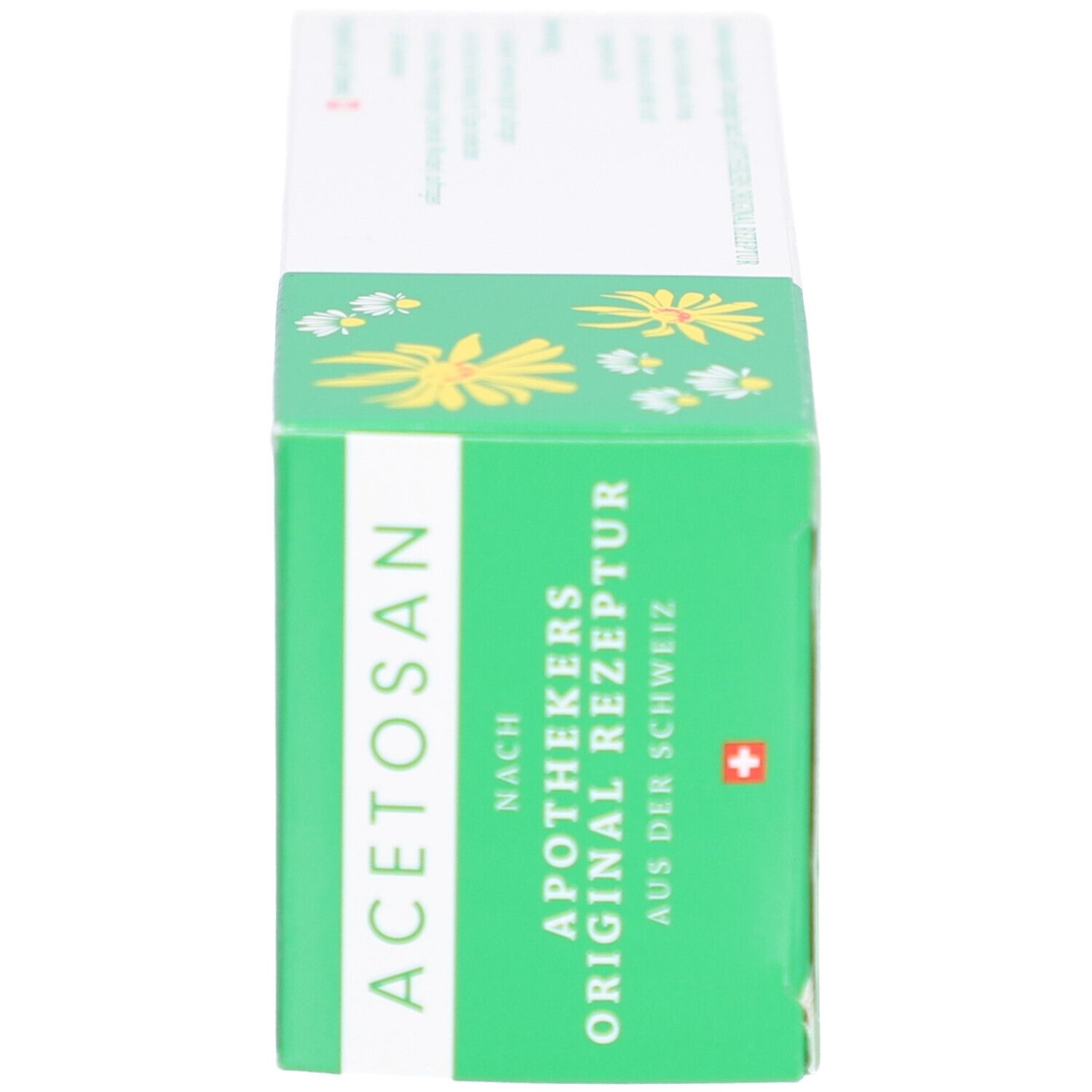 Boîte, verte avec bande blanche. Inscription: Acetosan, recette originale du pharmacien. Croix suisse.