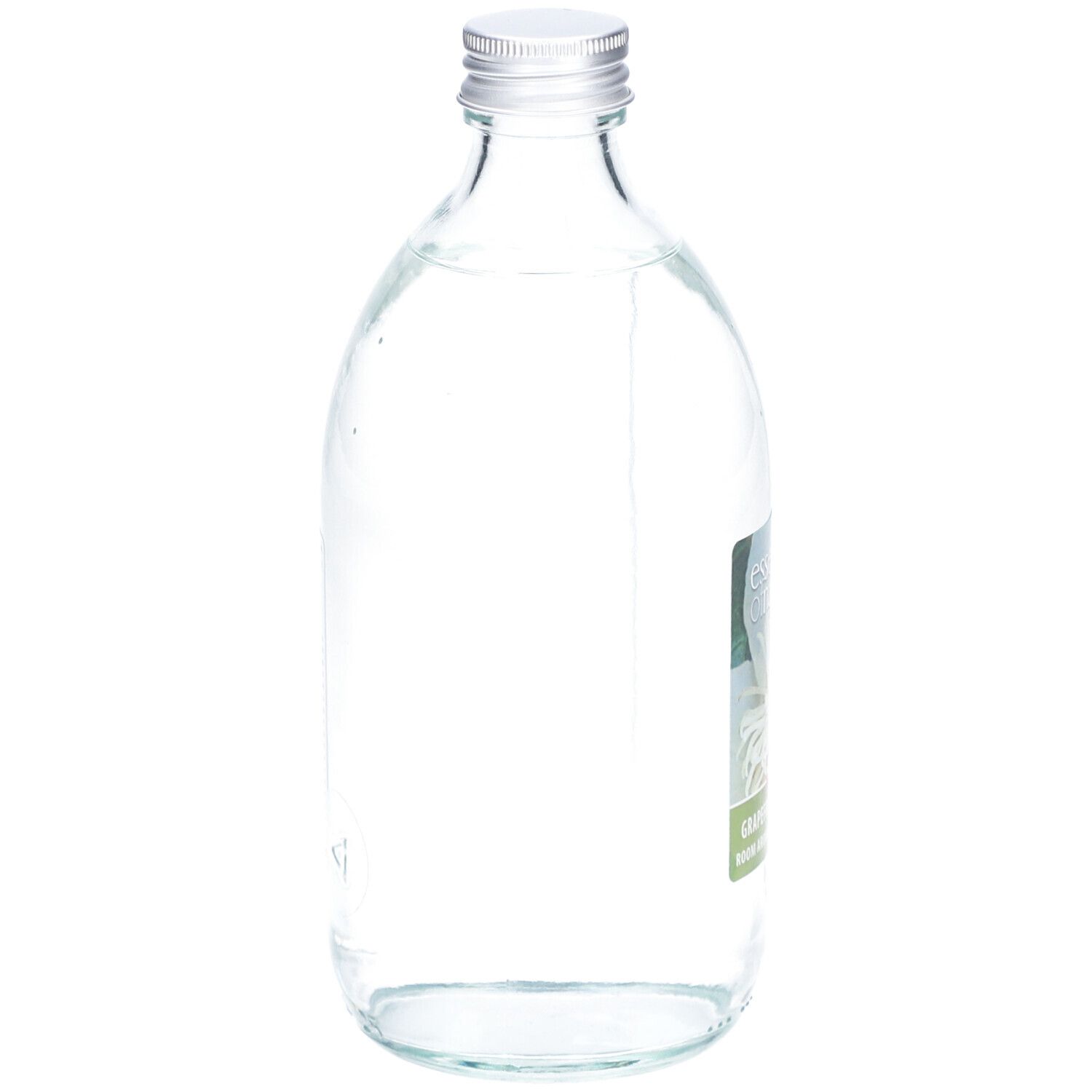 Flacon en verre avec bouchon argenté. Étiquette partiellement visible. Contenu clair.