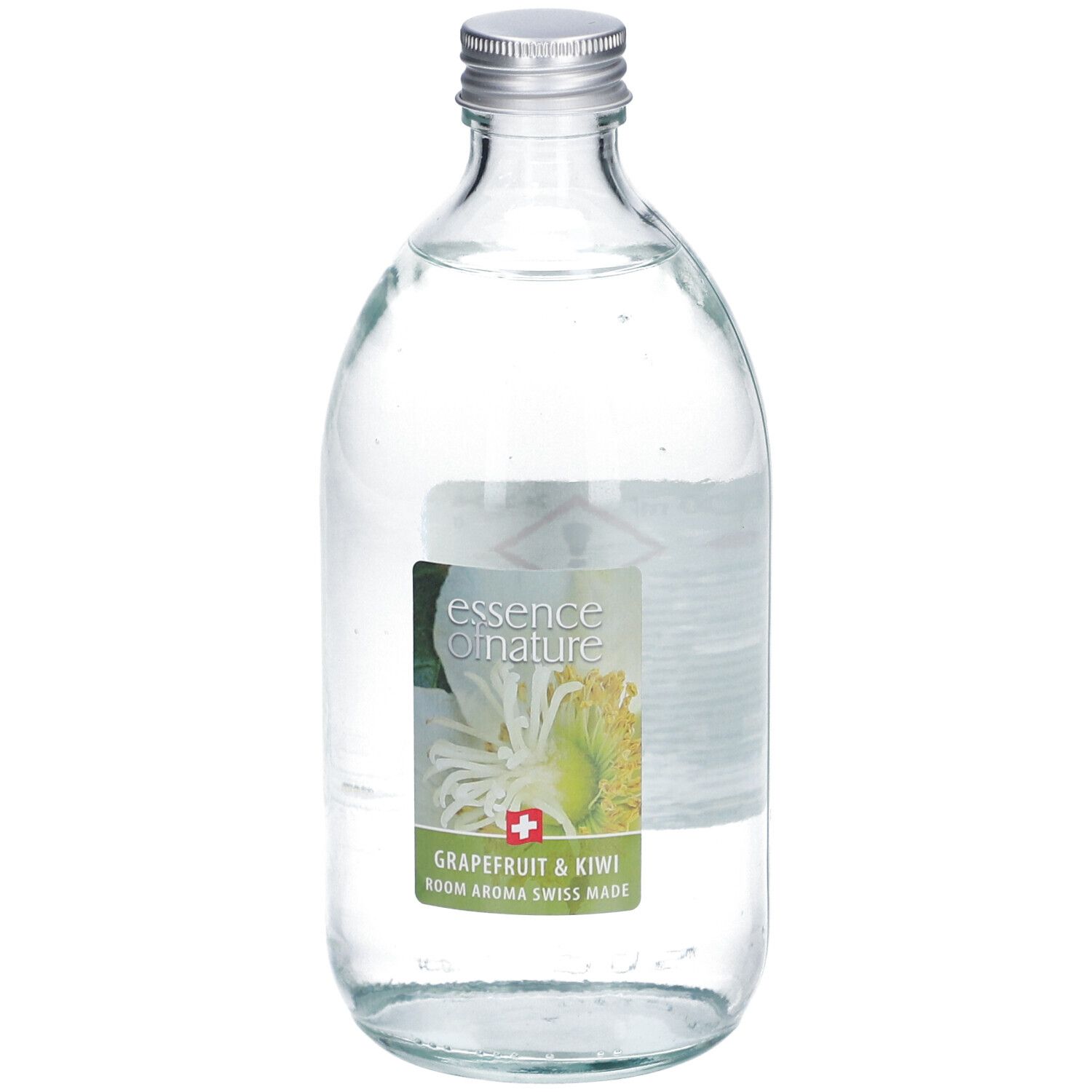 Flacon en verre avec bouchon argenté. Étiquette avec nom du produit et ingrédients. Croix suisse.