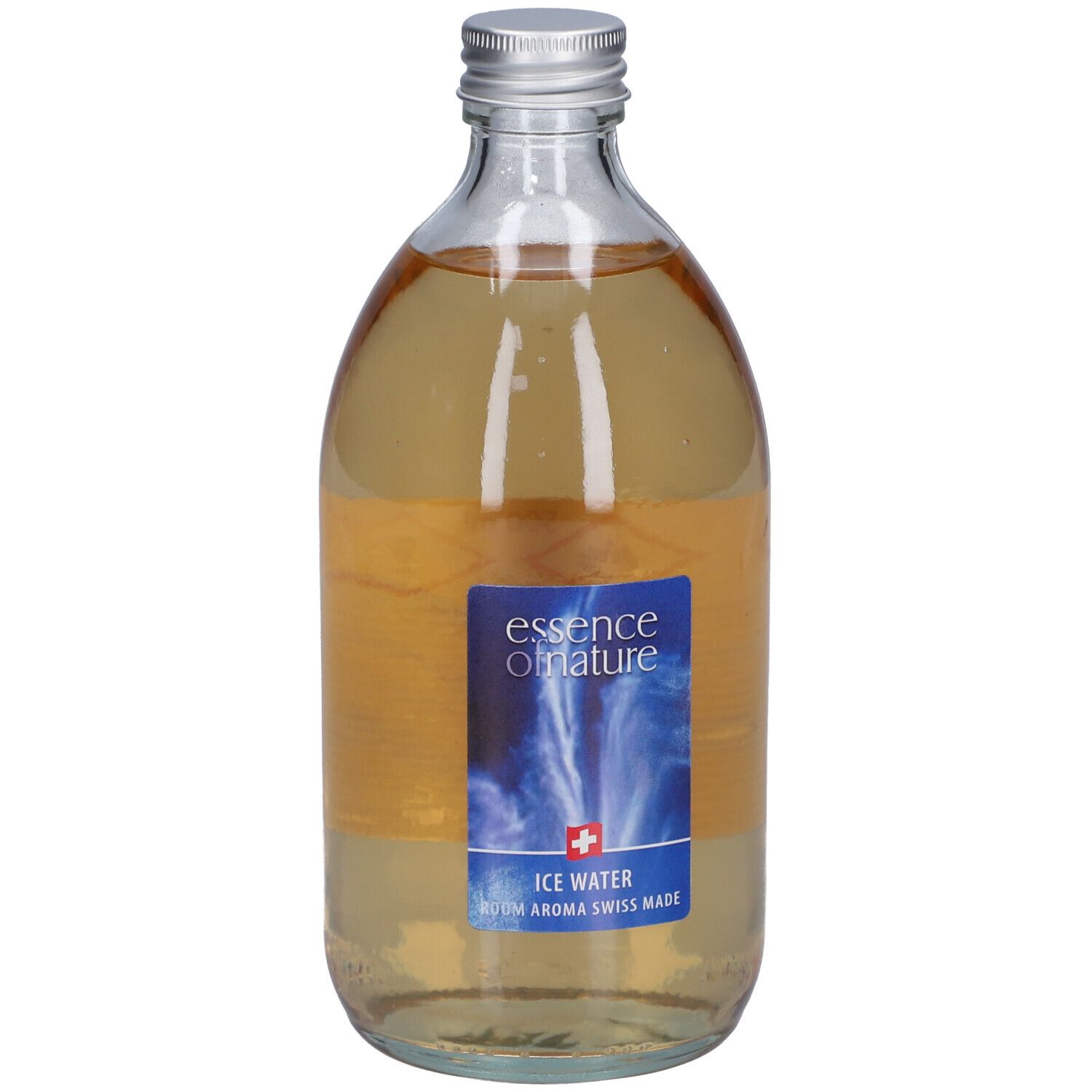 Flacon en verre avec bouchon argenté. Étiquette bleue avec texte: essence of nature, Ice Water, Swiss Made. Liquide.