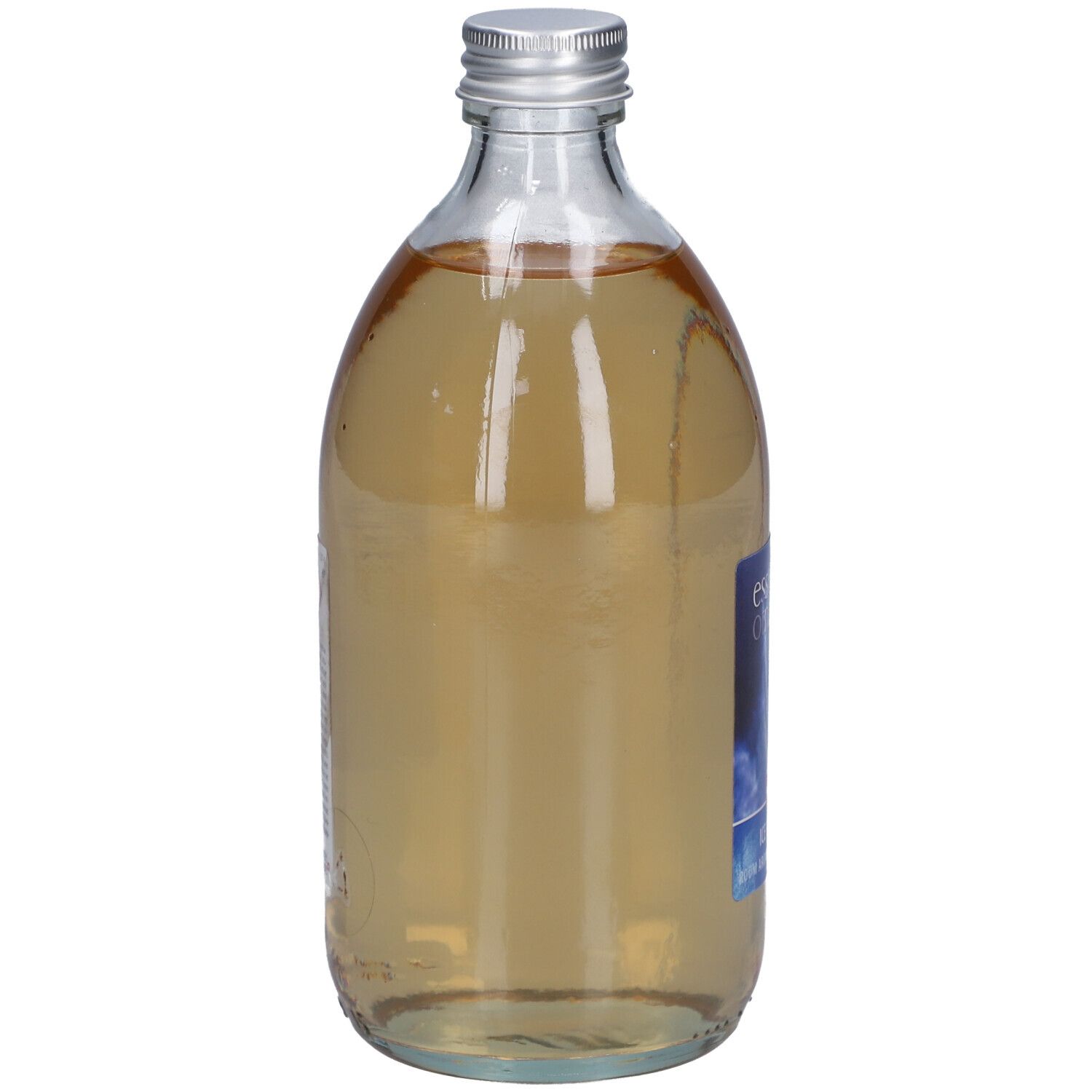 Flacon en verre avec bouchon argenté. Étiquette bleue avec texte. Liquide. Vue arrière.