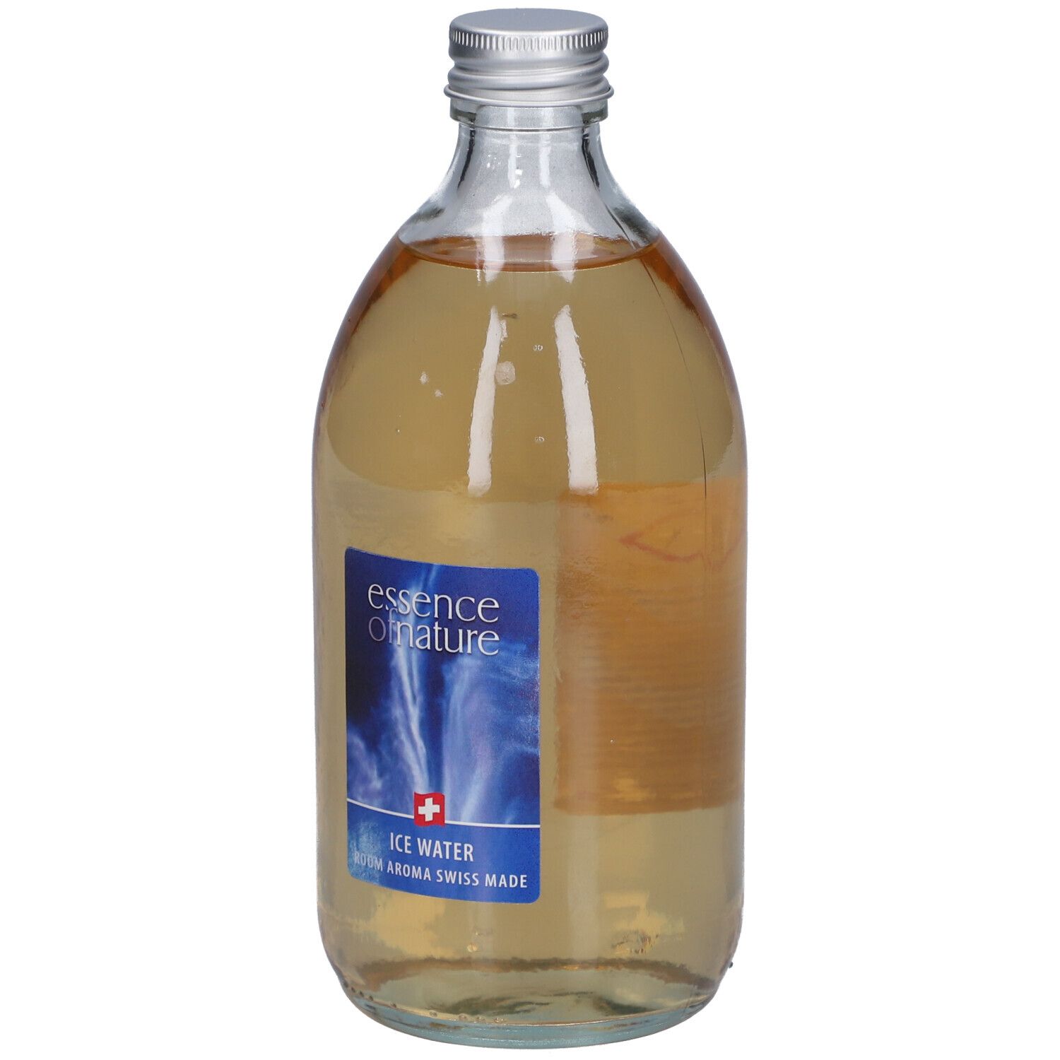 Flacon en verre avec bouchon argenté. Étiquette bleue avec texte: essence of nature, Ice Water, Swiss Made. Liquide.