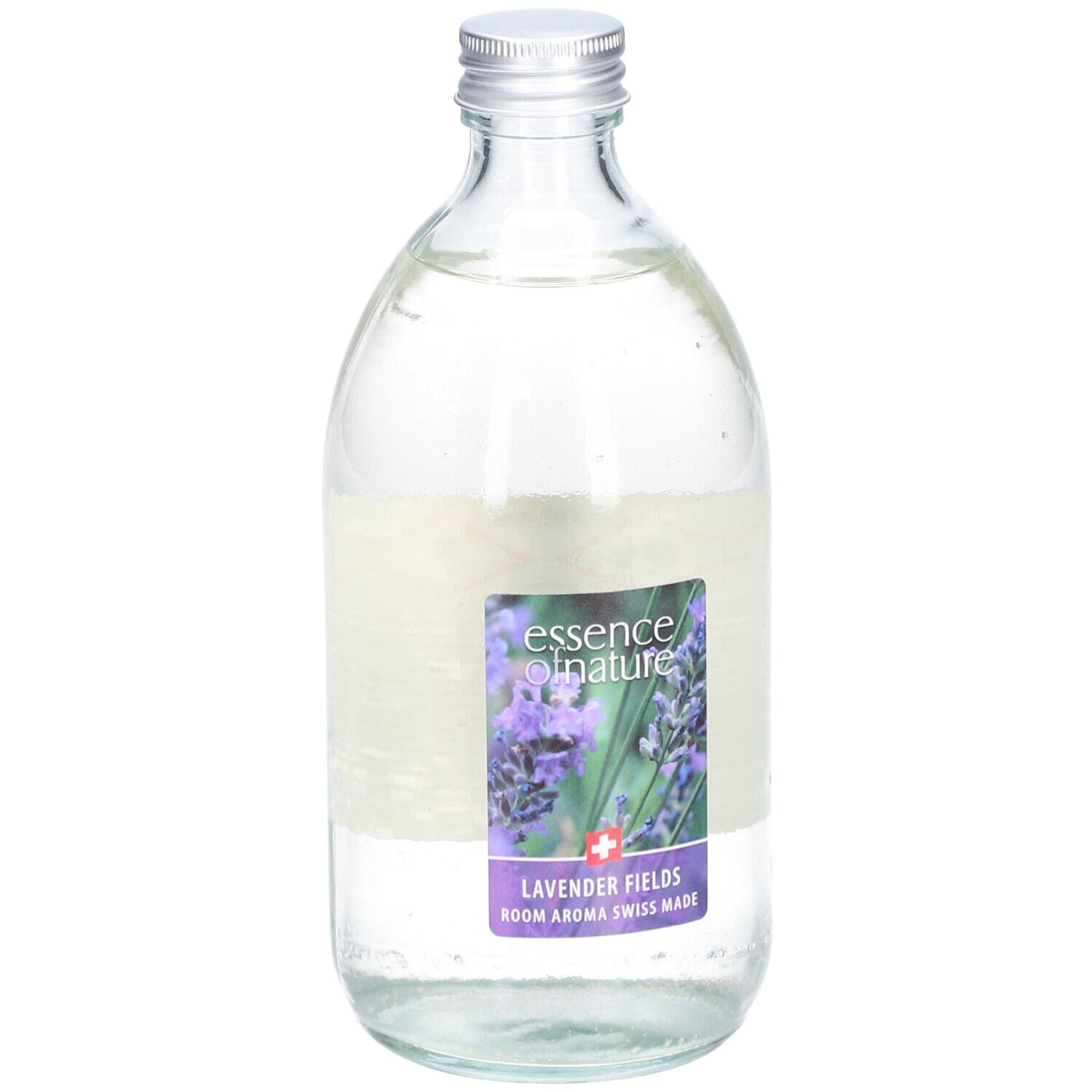 Flacon en verre avec bouchon argenté. Étiquette avec image de lavande et texte "essence of nature Lavender Fields".