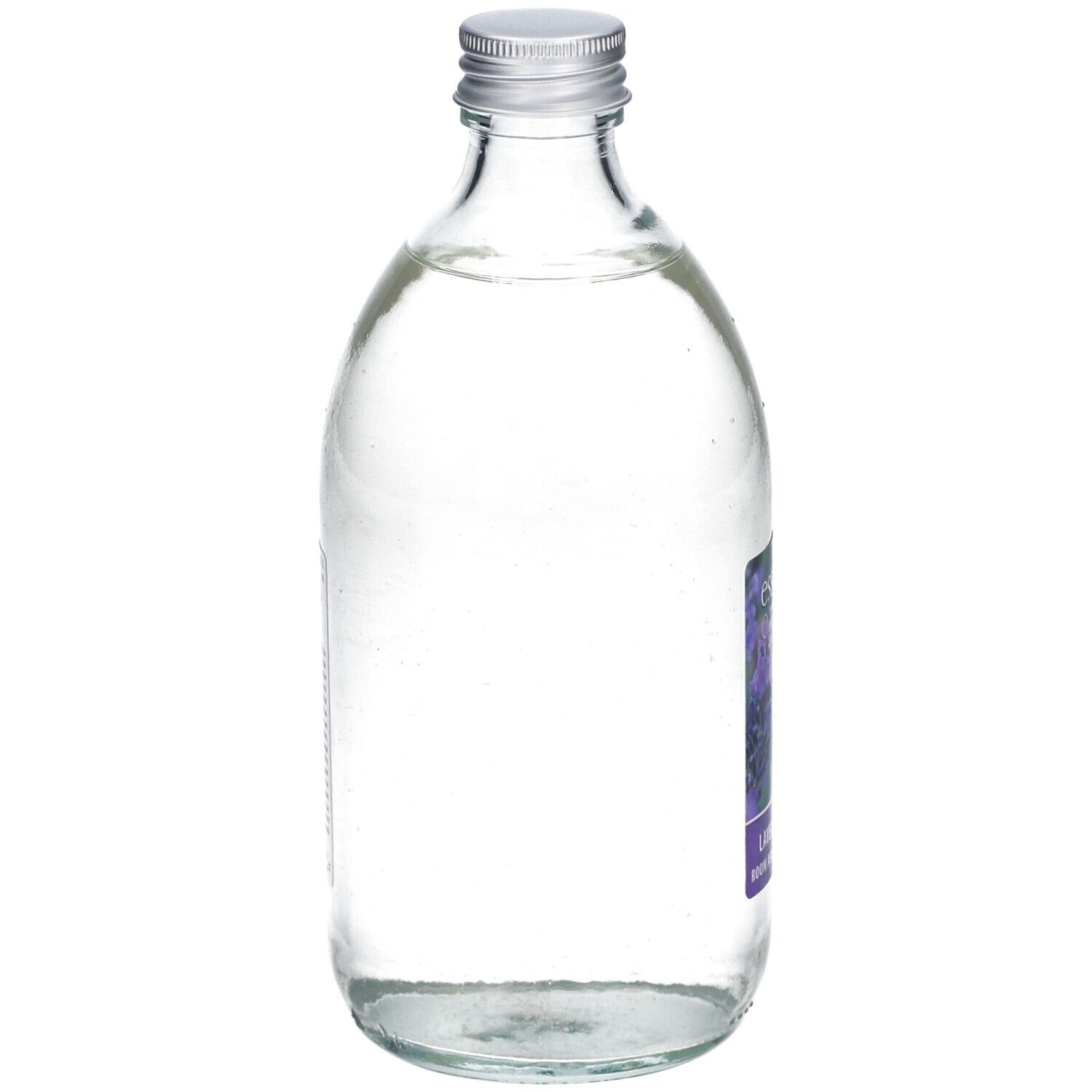 Flacon en verre transparent avec bouchon argenté. Étiquette partiellement visible. Contient un liquide clair.