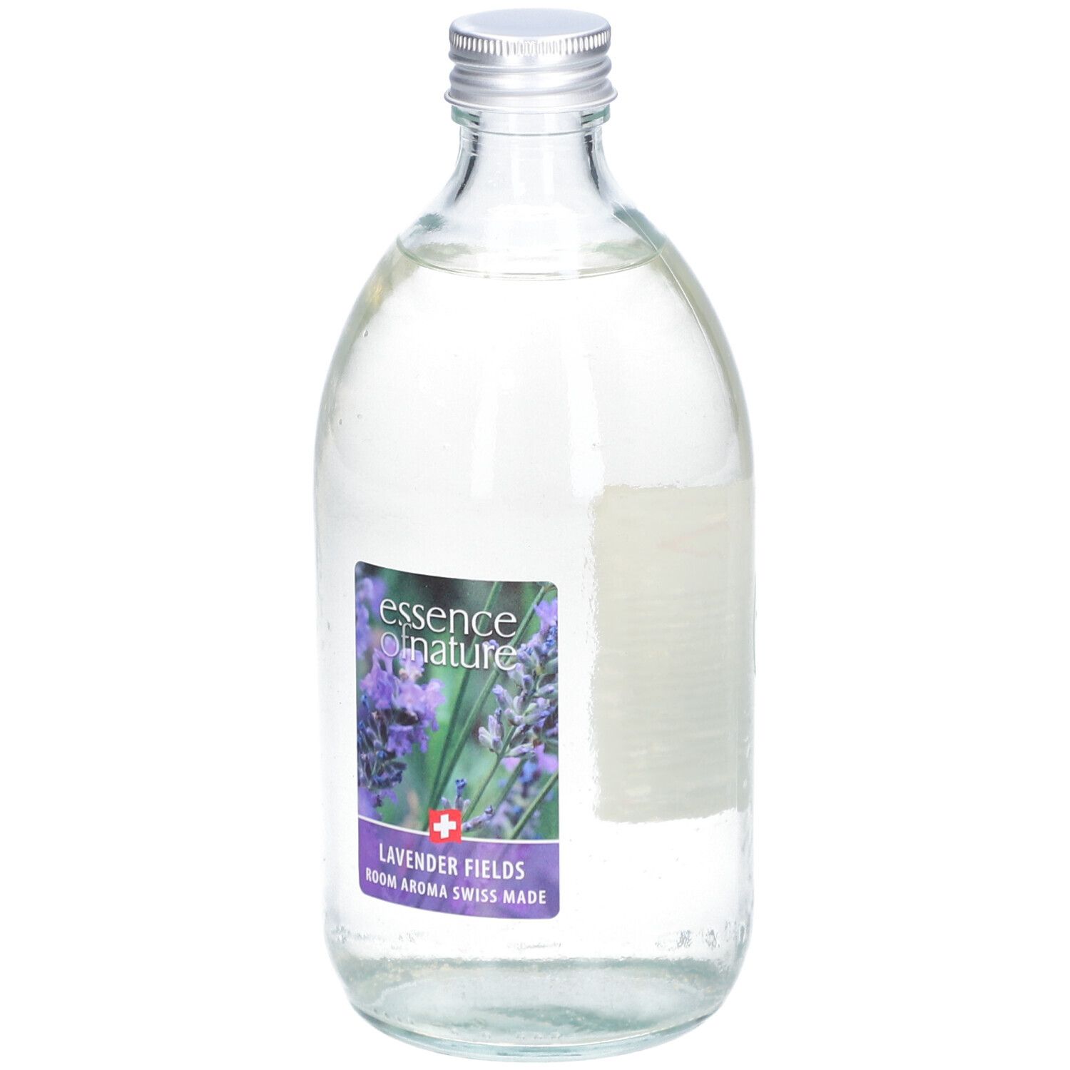 Flacon en verre avec bouchon argenté. Étiquette avec image de lavande et texte "essence of nature Lavender Fields".