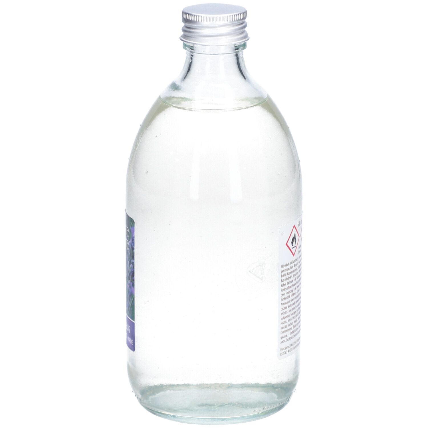 Flacon en verre avec bouchon argenté. Étiquette avec symboles d'avertissement. Contient un liquide clair.