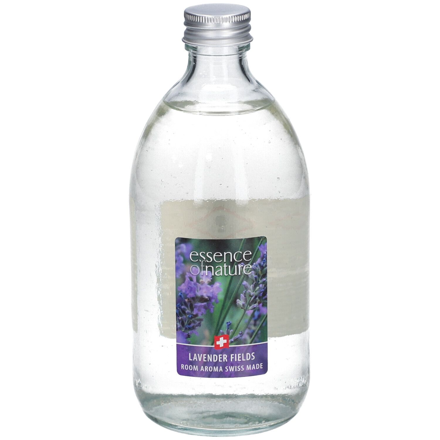 Flacon en verre avec bouchon argenté. Étiquette avec image de lavande et texte "essence of nature Lavender Fields".