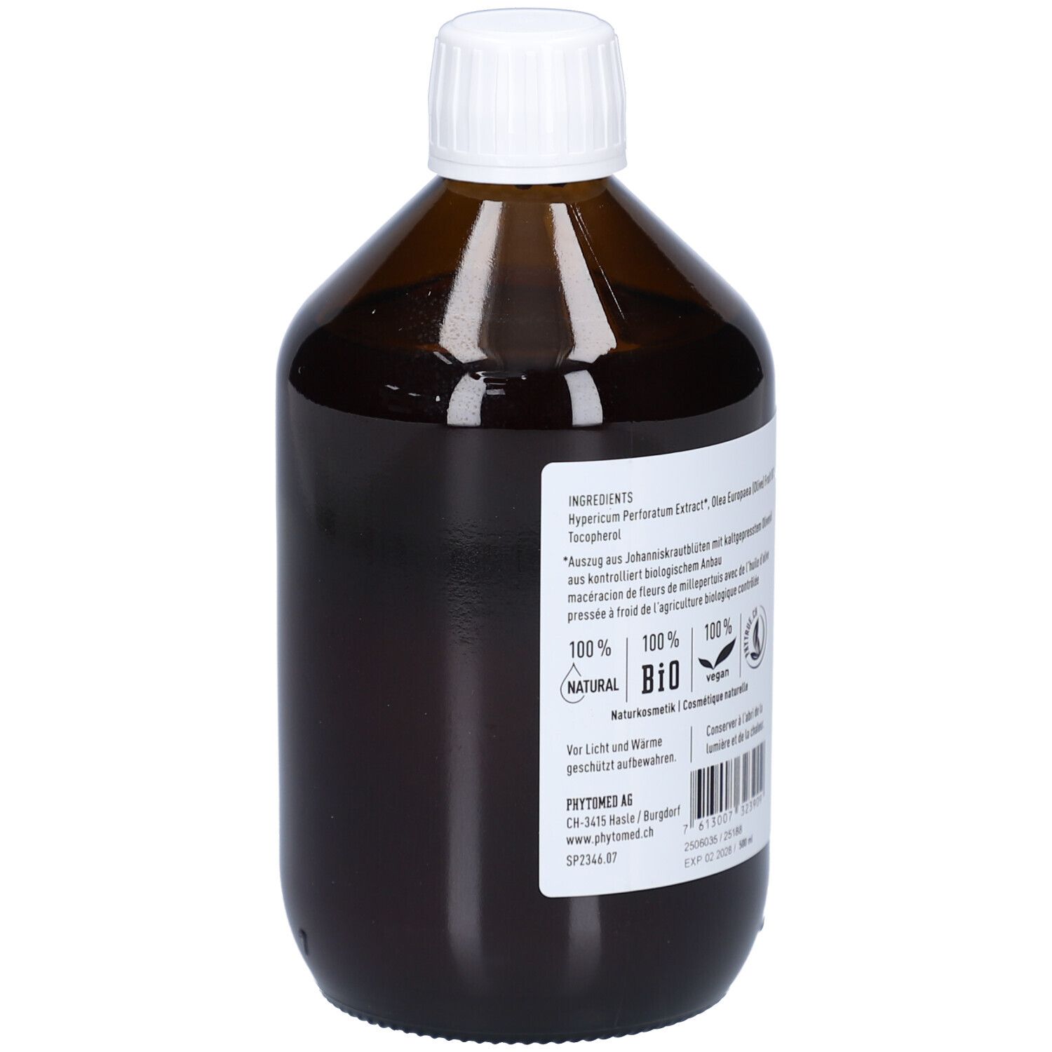 Flacon en verre brun avec bouchon blanc. Dos avec étiquette. Texte sur les ingrédients, label BIO et informations fabricant.