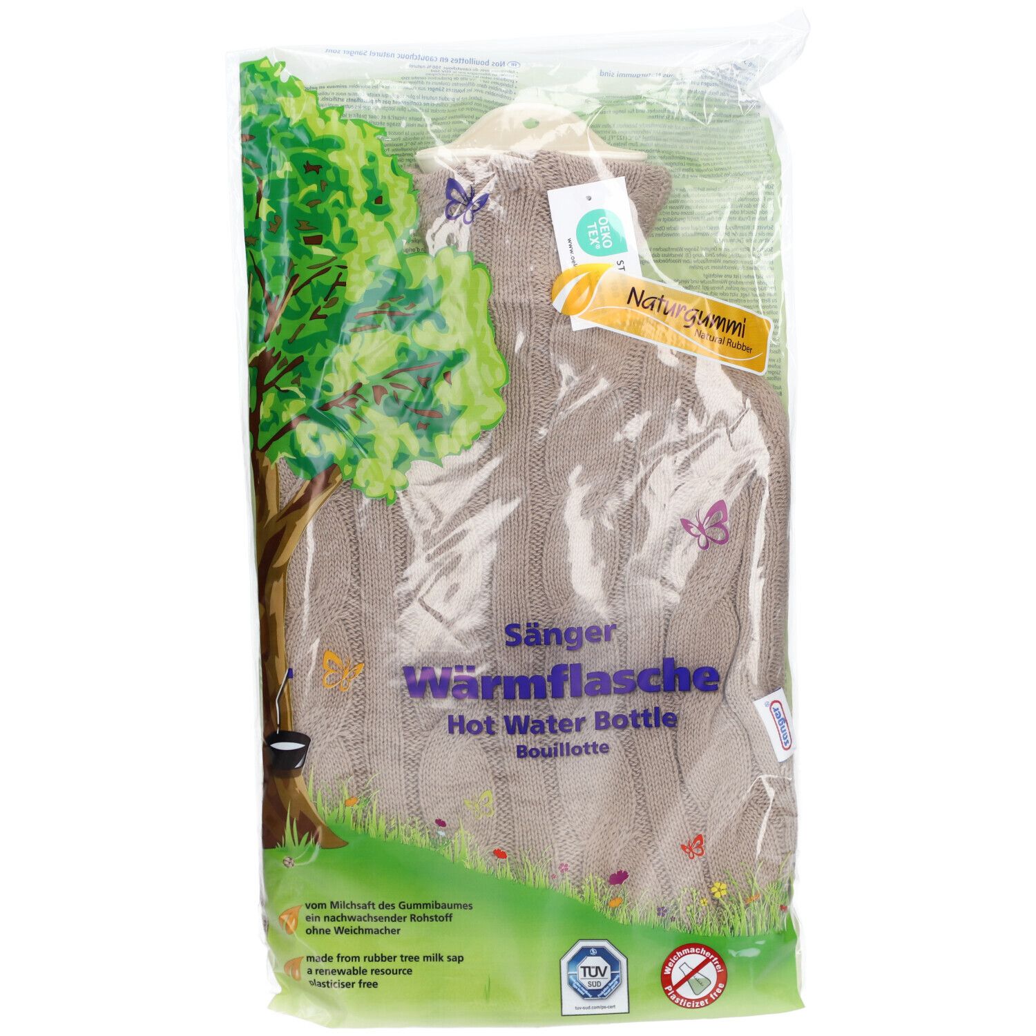Bouillotte en housse torsadée, emballée. Visible : nom du produit, certifications, emballage transparent.