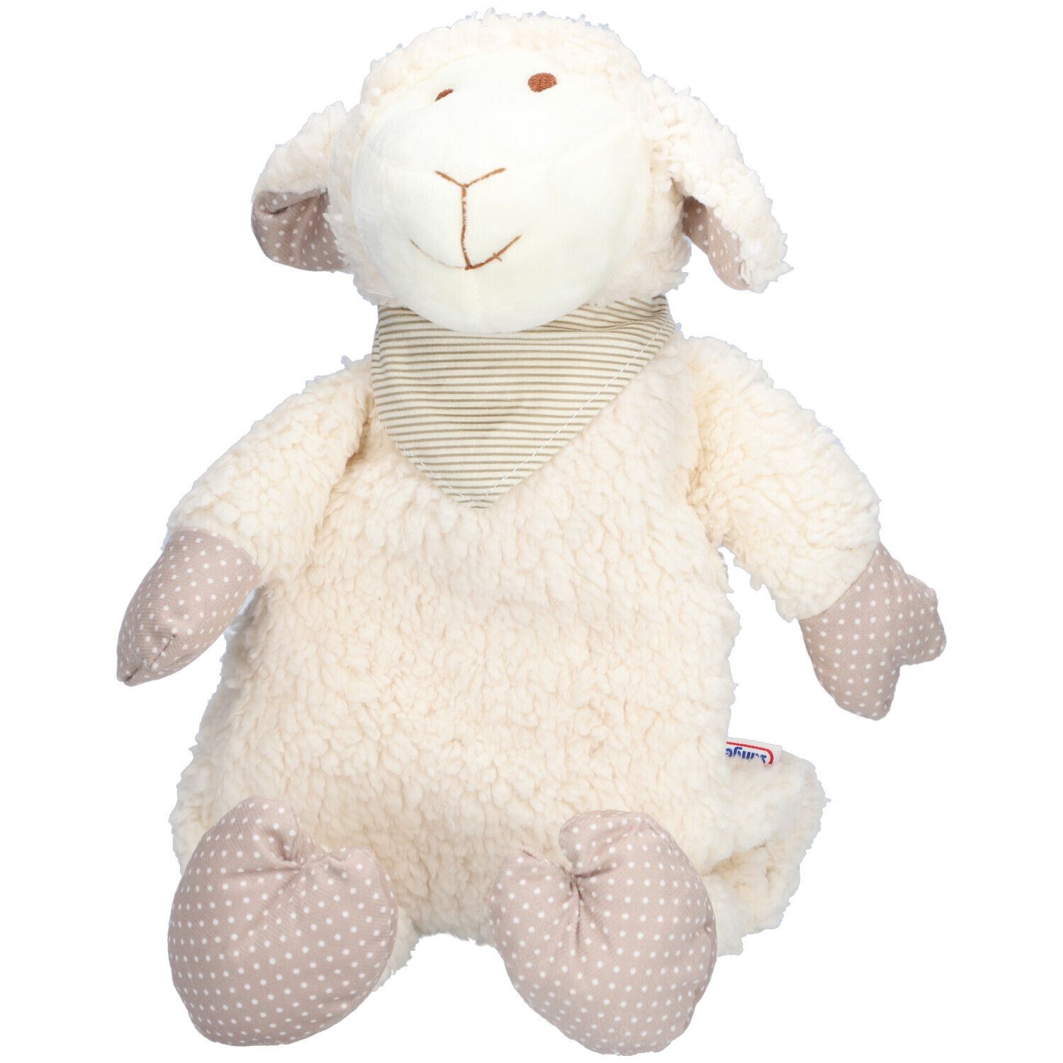 Mouton en peluche beige avec foulard à rayures. Pattes à pois. Logo cousu.