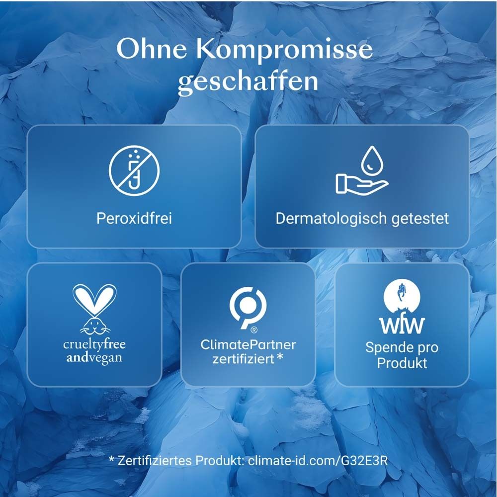 Icônes : Sans peroxyde, testé dermatologiquement, crueltyfree, ClimatePartner, don par produit.