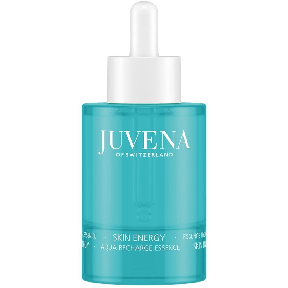 Flacon turquoise avec bouchon blanc et pipette. Inscription : Juvena of Switzerland, Skin Energy.