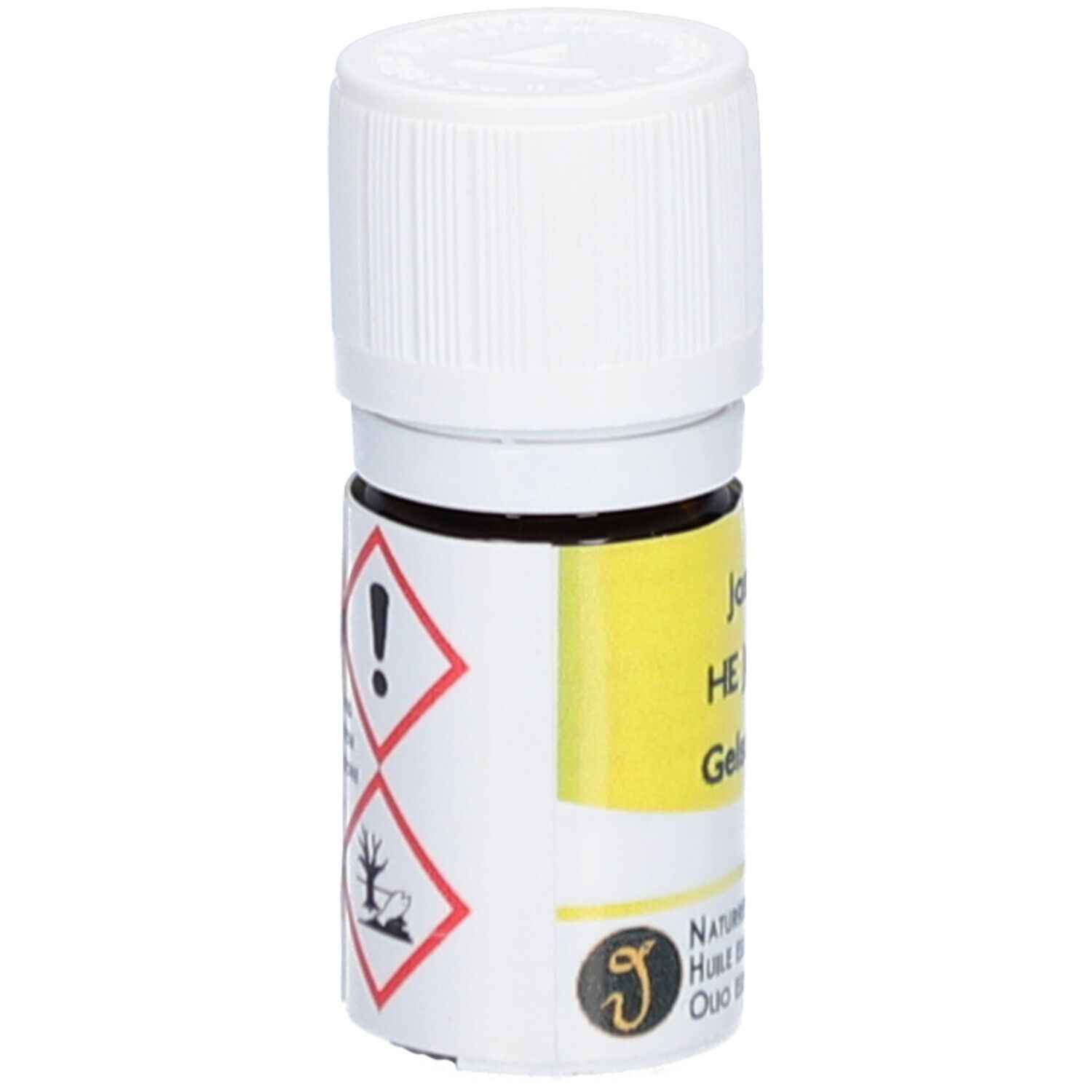 Flacon en verre brun avec bouchon blanc. Étiquette jaune avec texte. Symboles de danger: point d'exclamation et arbre/environnement.