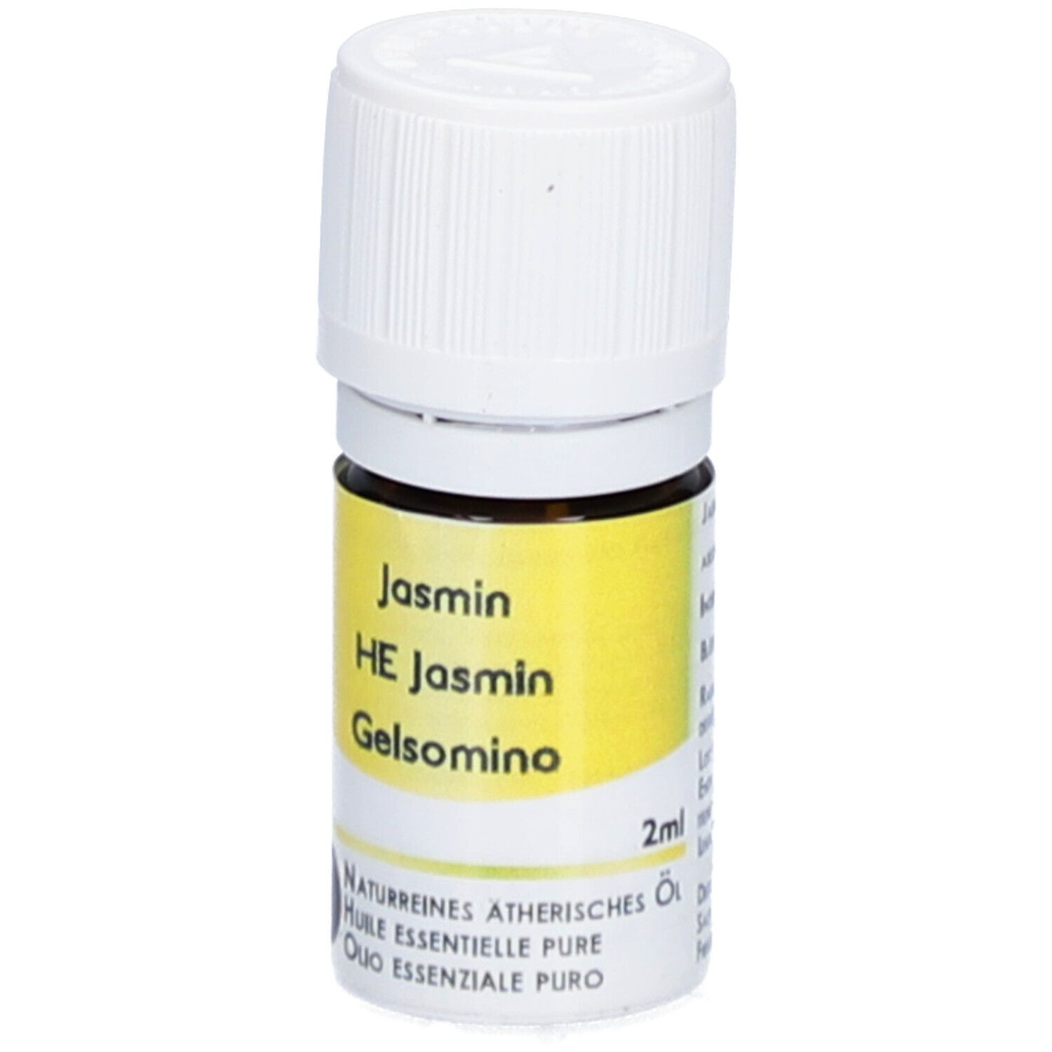 Flacon en verre brun avec bouchon blanc. Étiquette jaune avec texte: Jasmin, HE Jasmin, Gelsomino. 2ml. Huile essentielle pure.