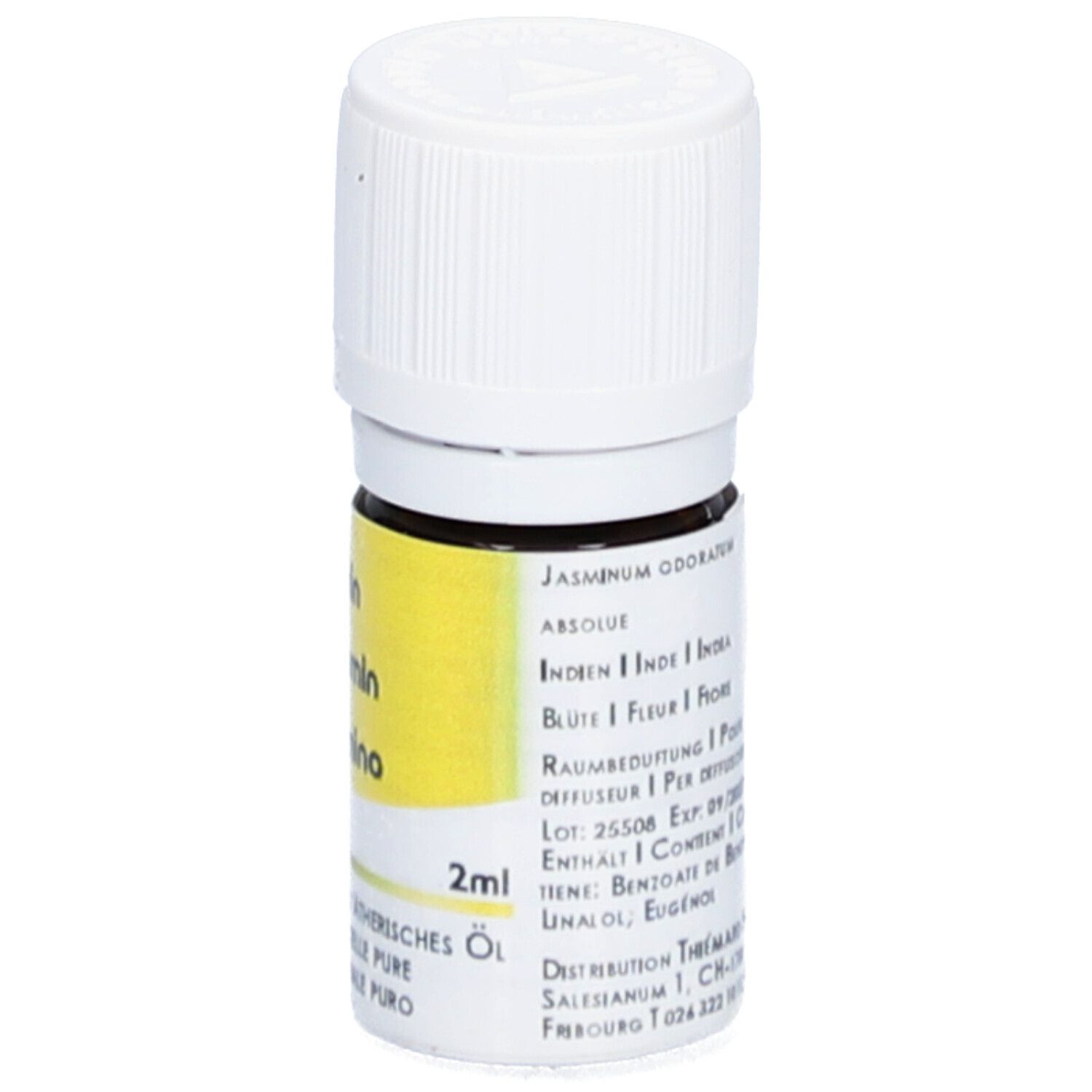 Flacon en verre brun avec bouchon blanc. Étiquette jaune avec texte: Jasmin, HE Jasmin, Gelsomino. 2ml. Informations fabricant.